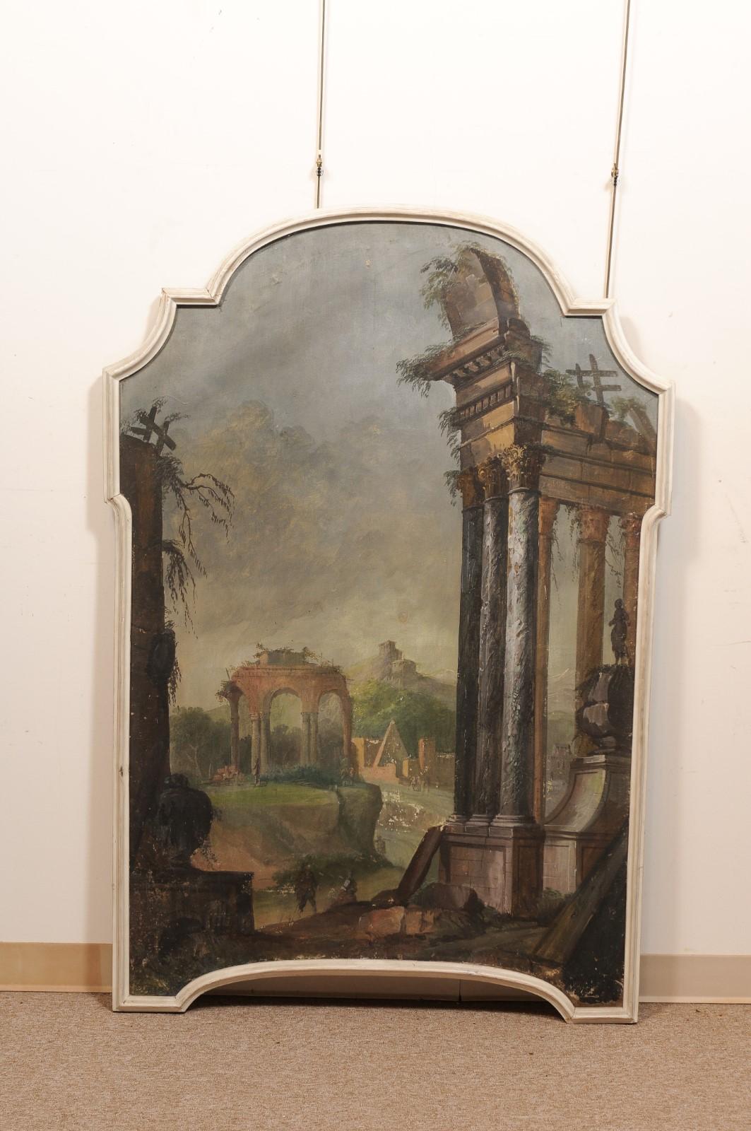 19th Century Italian Classical Style Oil on Canvas Landscape in Frame In Fair Condition For Sale In Atlanta, GA
