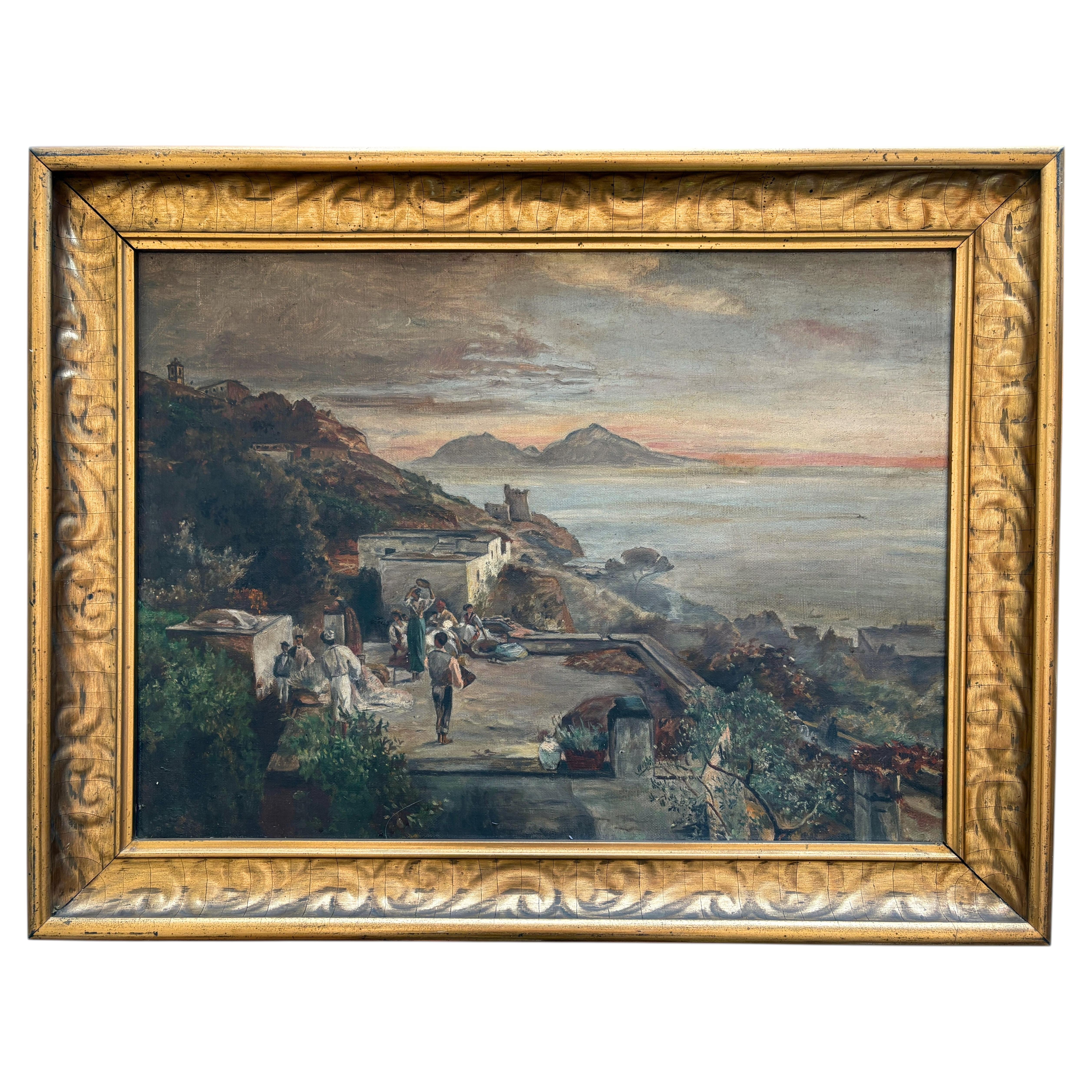 19th Century Italian Coastal Scene Oil Painting, Scuola di Posillipo, Unsigned For Sale