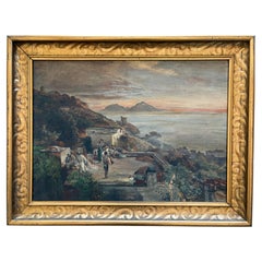 19th Century Italian Coastal Scene Oil Painting, Scuola di Posillipo, Unsigned