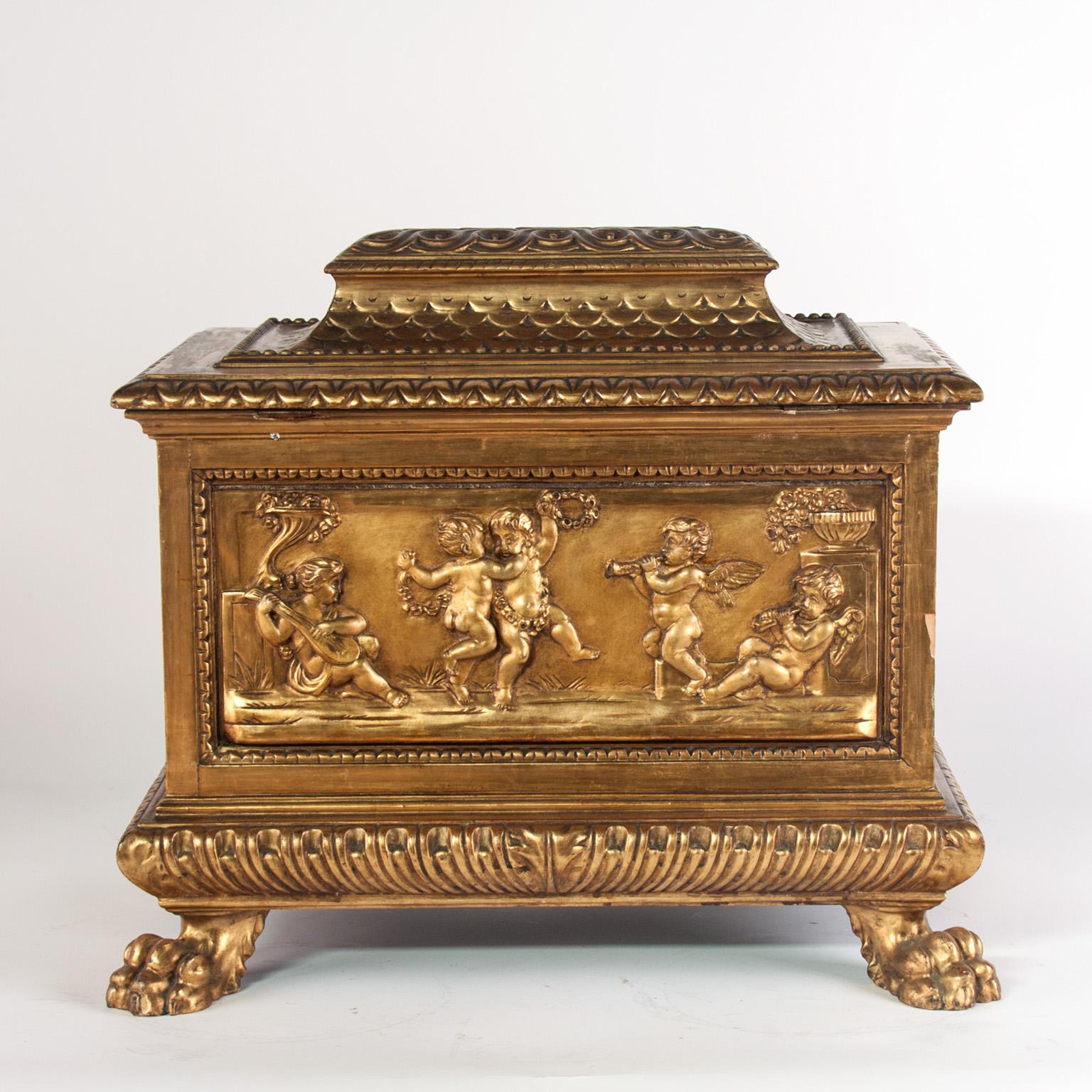 Renaissance Italian 19th C. polychromed Wooden Casket. For Sale