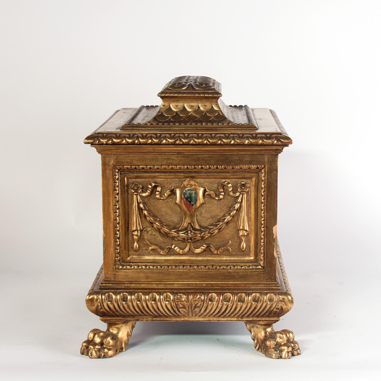 Patinated Italian 19th C. polychromed Wooden Casket. For Sale