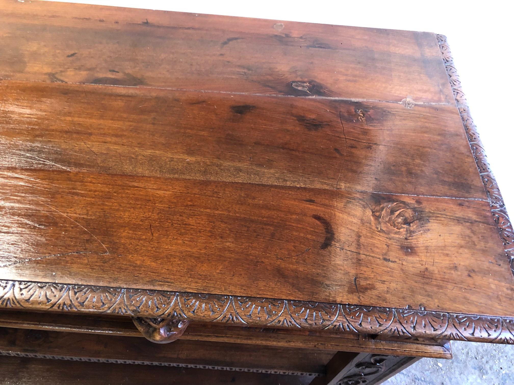 19th Century Italian Console Hand-Carved Solid Walnut Two Drawers Natural Color For Sale 6
