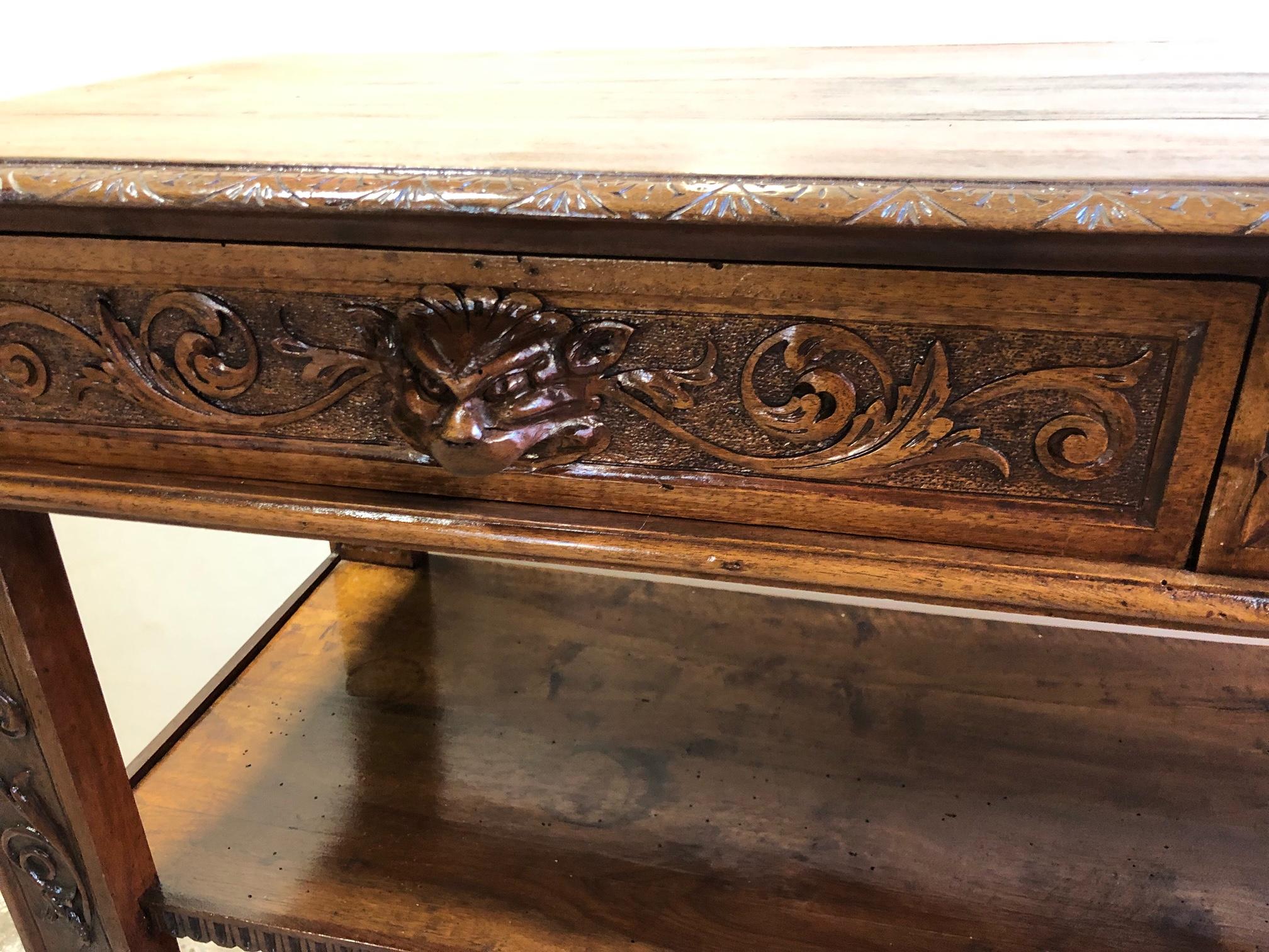 19th Century Italian Console Hand-Carved Solid Walnut Two Drawers Natural Color For Sale 7