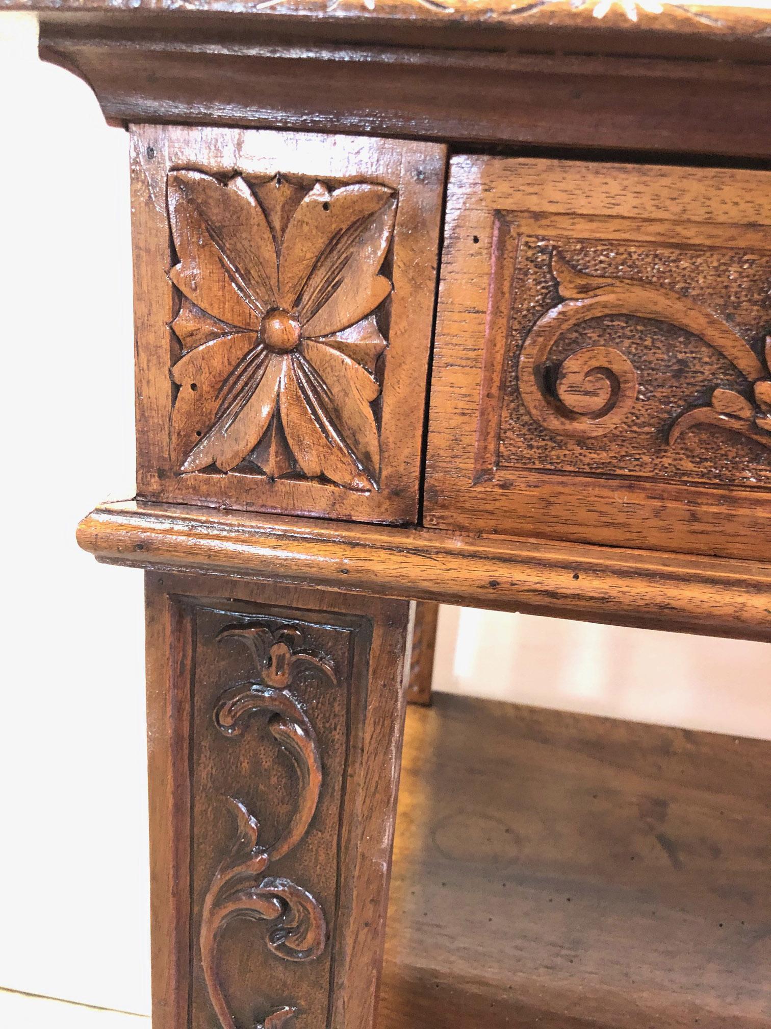 Rustic 19th Century Italian Console Hand-Carved Solid Walnut Two Drawers Natural Color For Sale