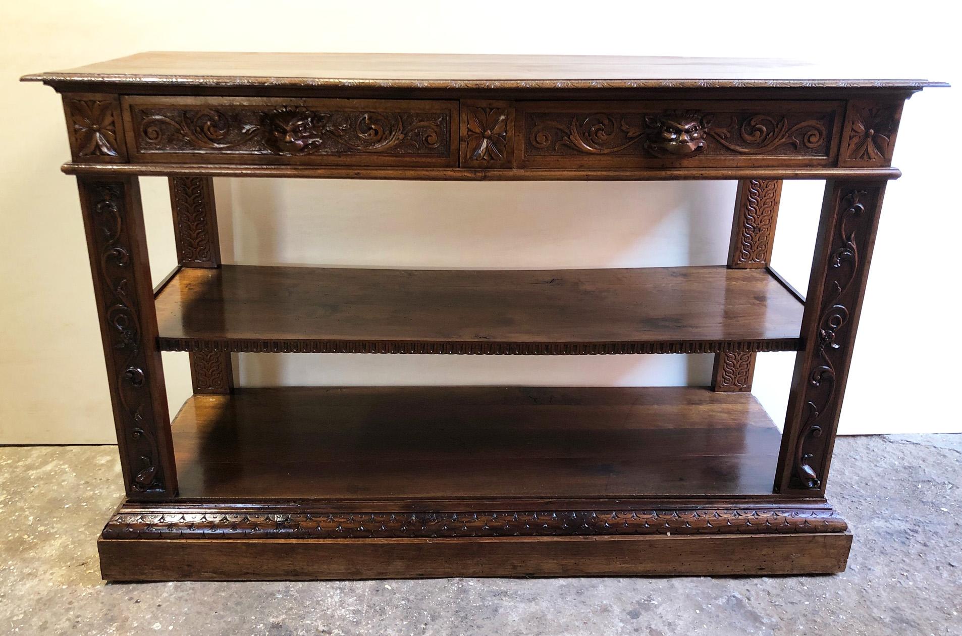 19th Century Italian Console Hand-Carved Solid Walnut Two Drawers Natural Color In Good Condition For Sale In Buggiano, IT