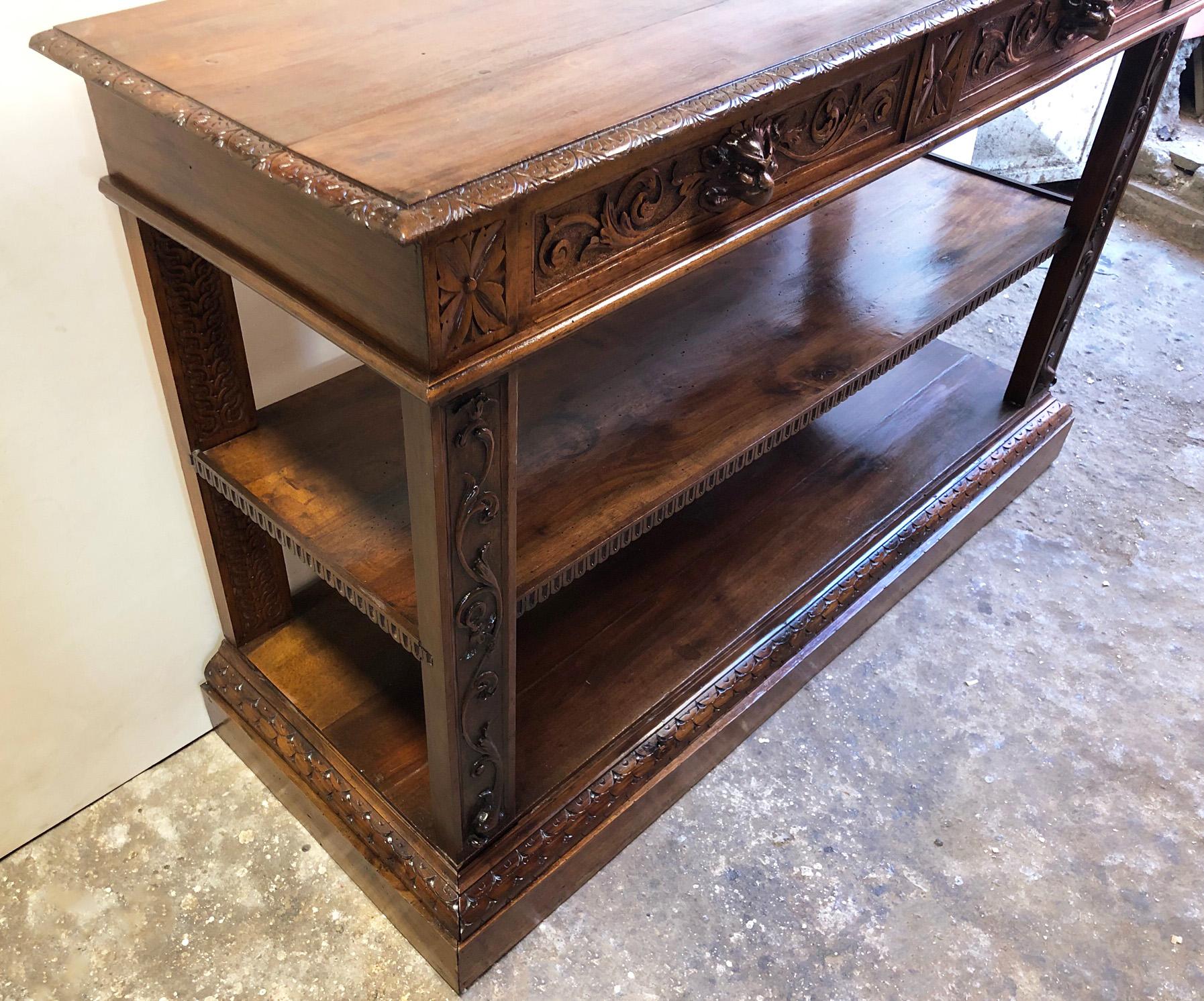 Fir 19th Century Italian Console Hand-Carved Solid Walnut Two Drawers Natural Color For Sale