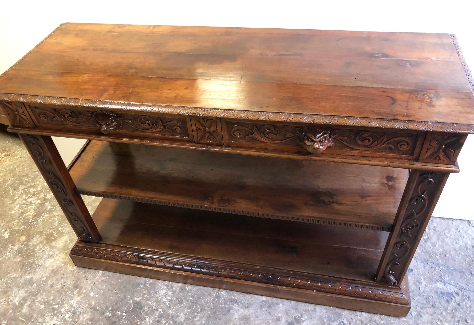 19th Century Italian Console Hand-Carved Solid Walnut Two Drawers Natural Color For Sale 1