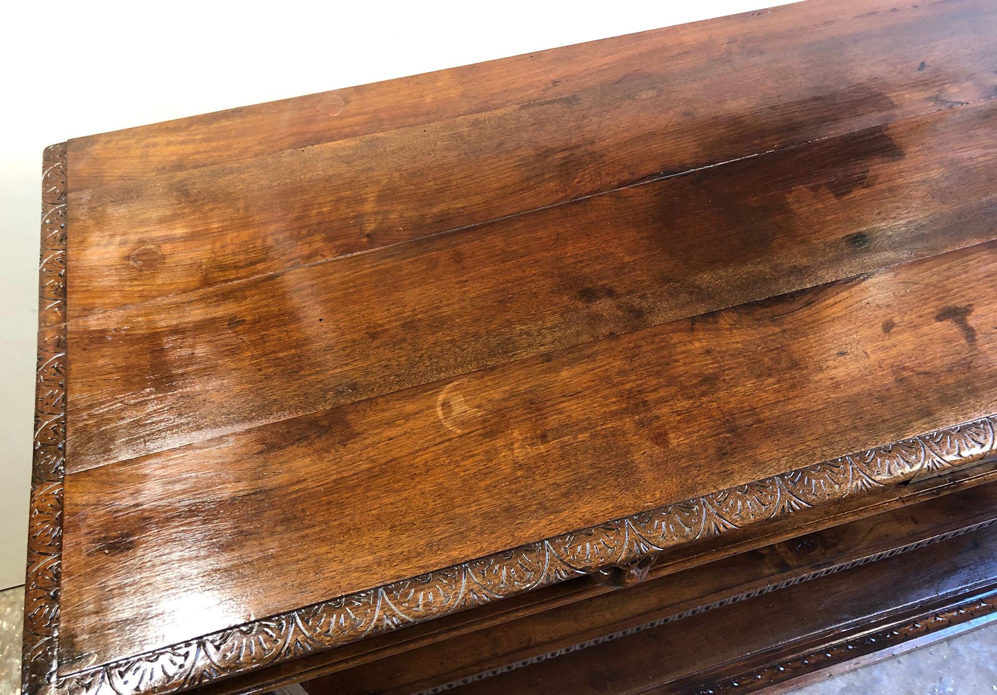 19th Century Italian Console Hand-Carved Solid Walnut Two Drawers Natural Color For Sale 2