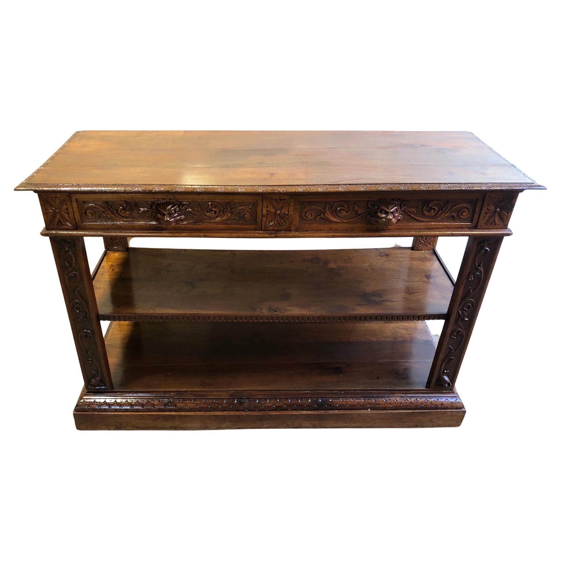 19th Century Italian Console Hand-Carved Solid Walnut Two Drawers Natural Color For Sale