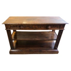19th Century Italian Console Hand-Carved Solid Walnut Two Drawers Natural Color