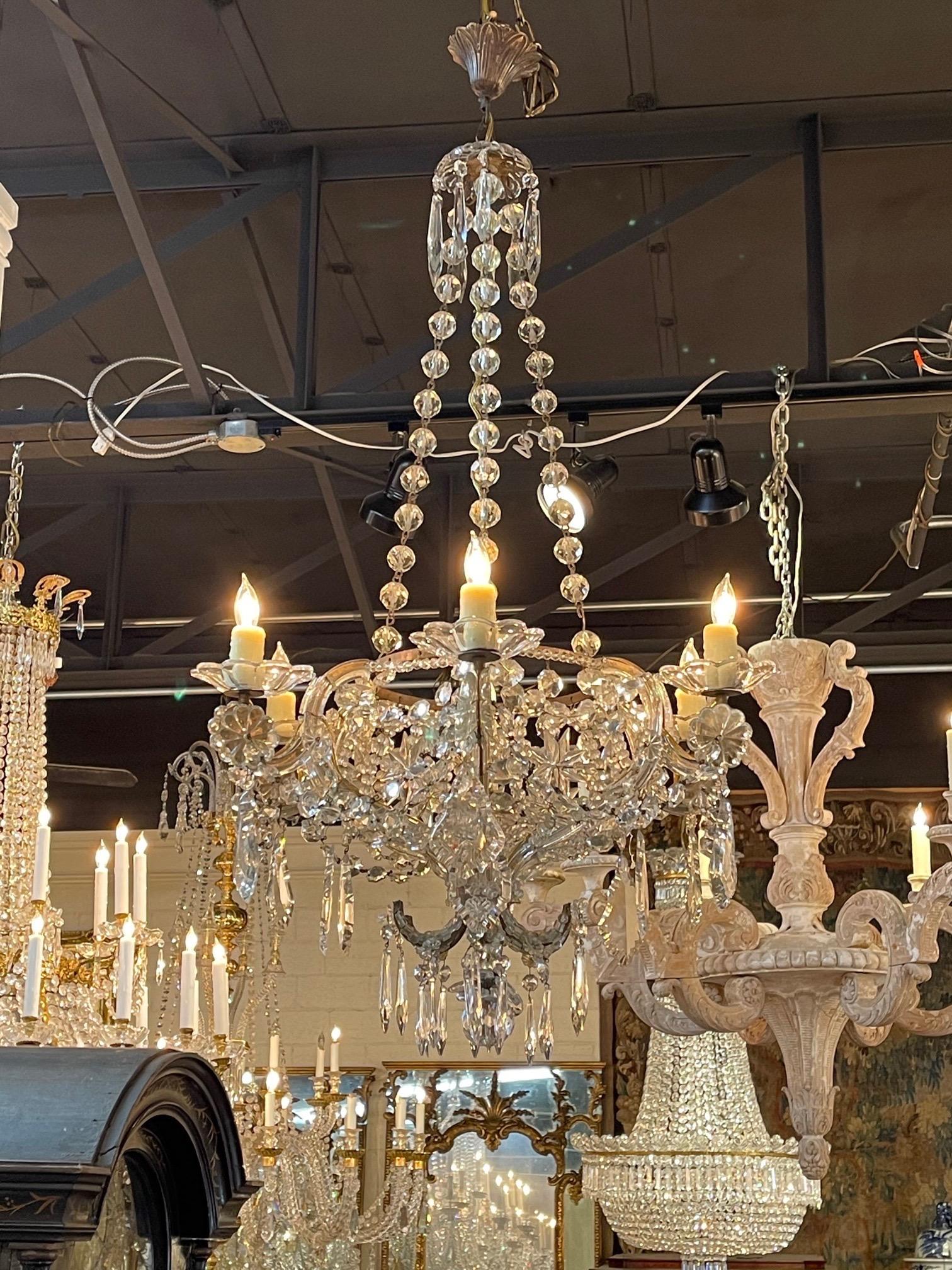 Very fine 19th century Italian crystal 6 light chandelier. Lovely basket shape along with a variety of beads, crystals and prisms. So elegant!!