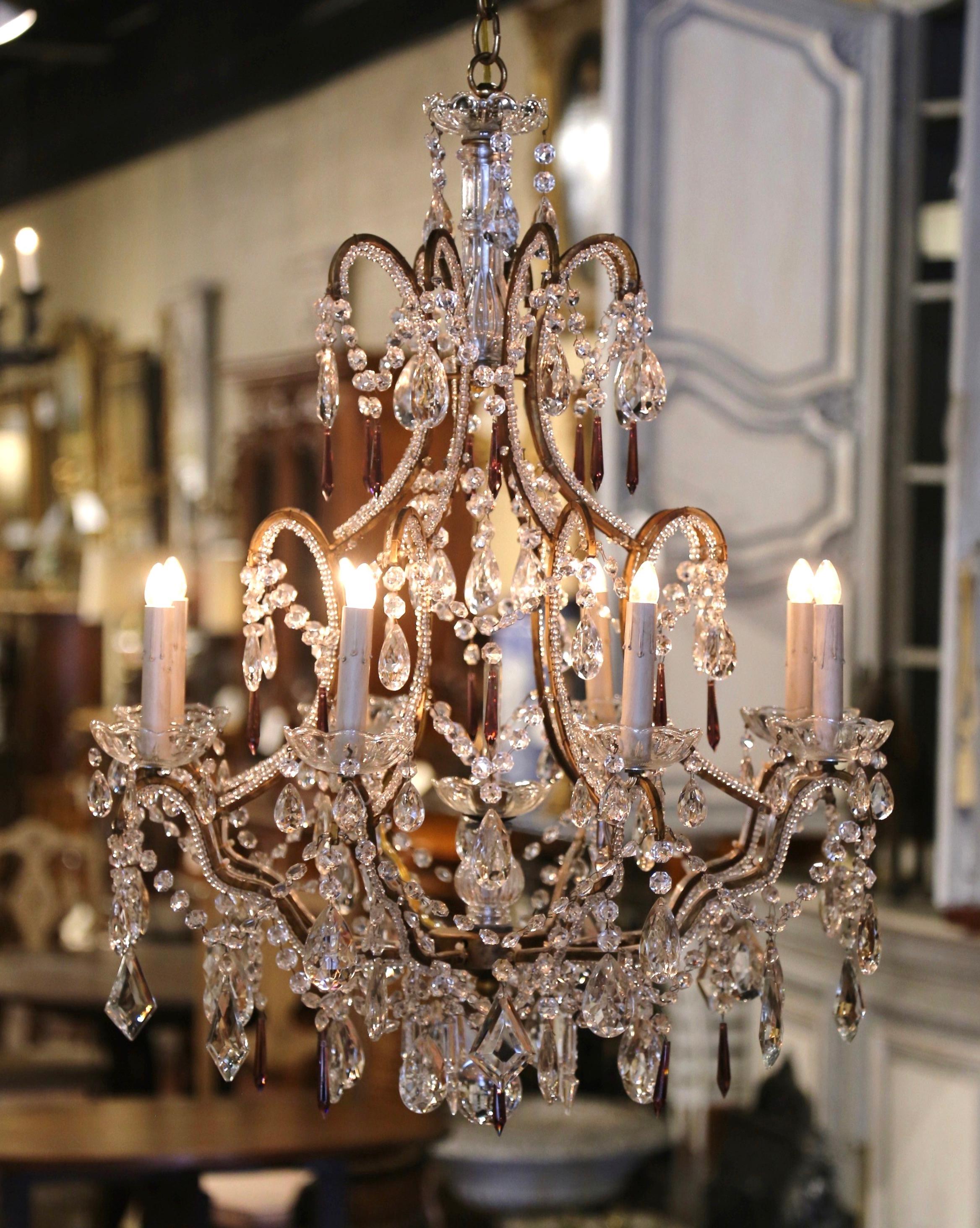 19th Century Italian Crystal and Brass Eight-Light Chandelier with Pendants 6