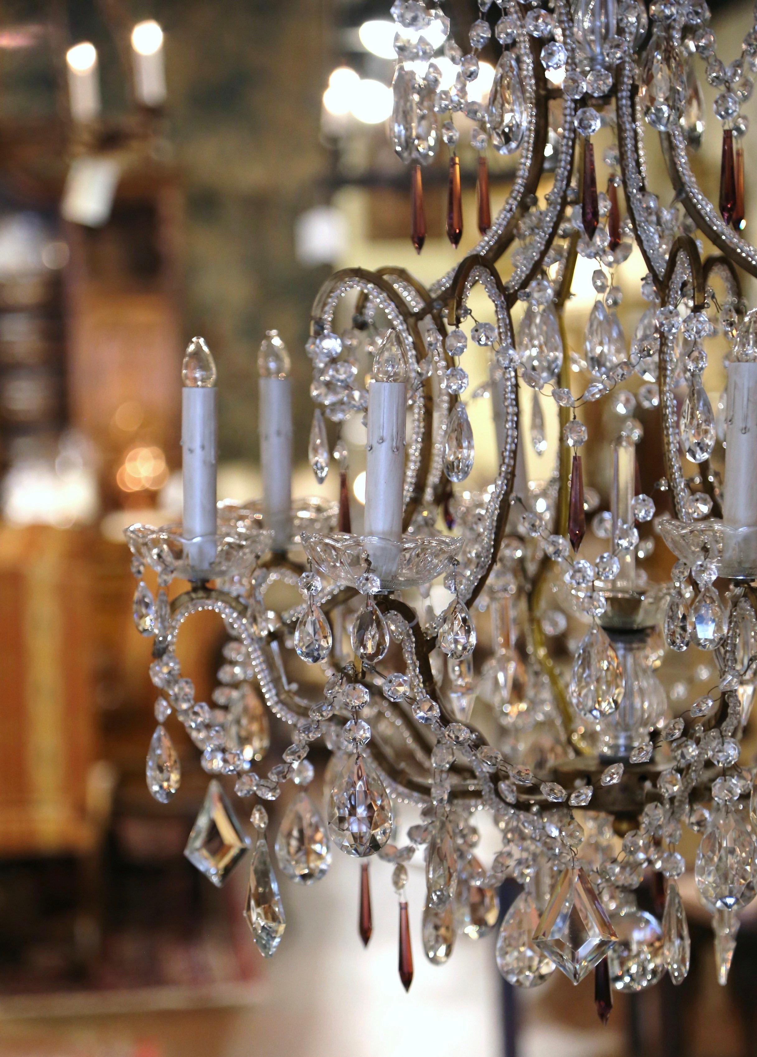 Hand-Crafted 19th Century Italian Crystal and Brass Eight-Light Chandelier with Pendants