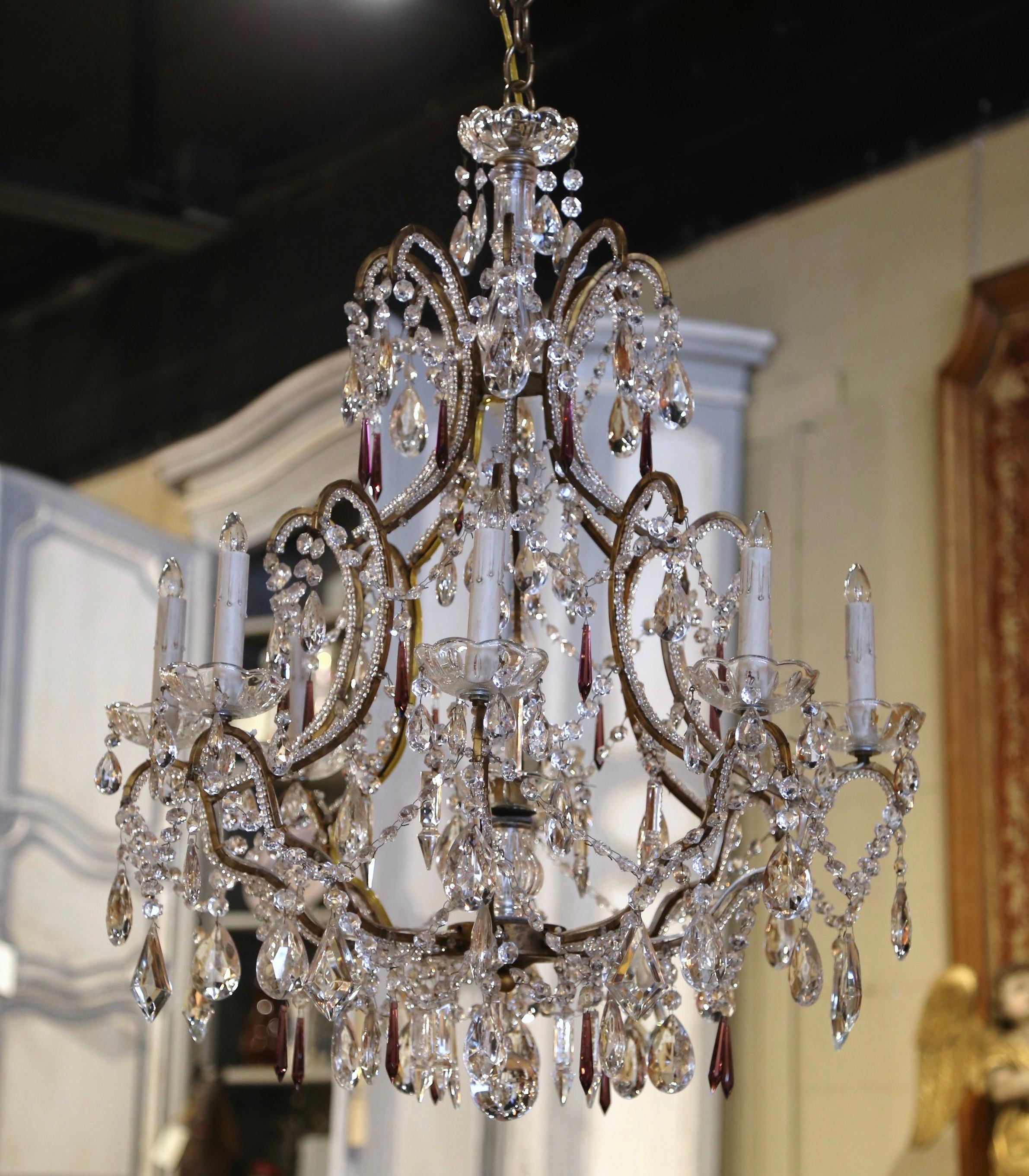 19th Century Italian Crystal and Brass Eight-Light Chandelier with Pendants In Excellent Condition In Dallas, TX