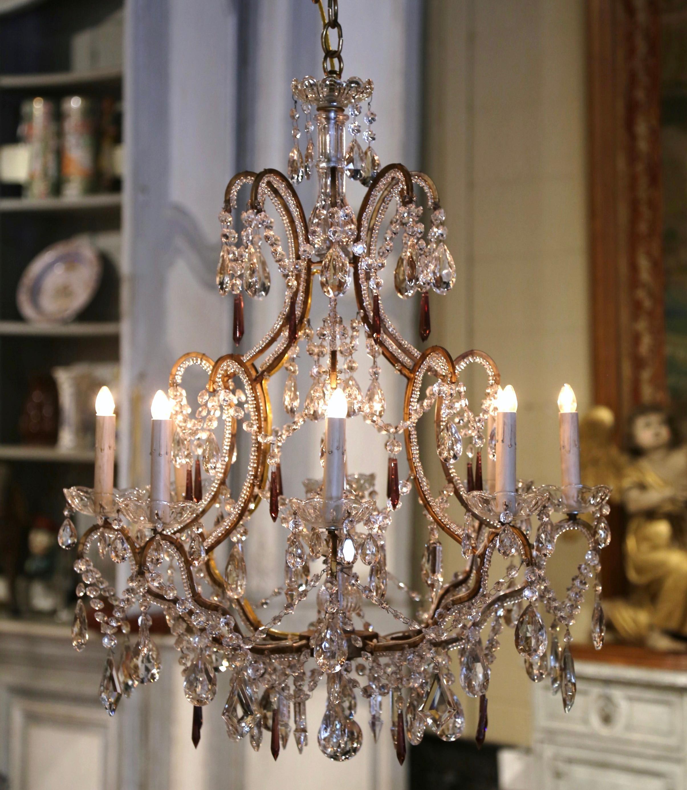 19th Century Italian Crystal and Brass Eight-Light Chandelier with Pendants 1