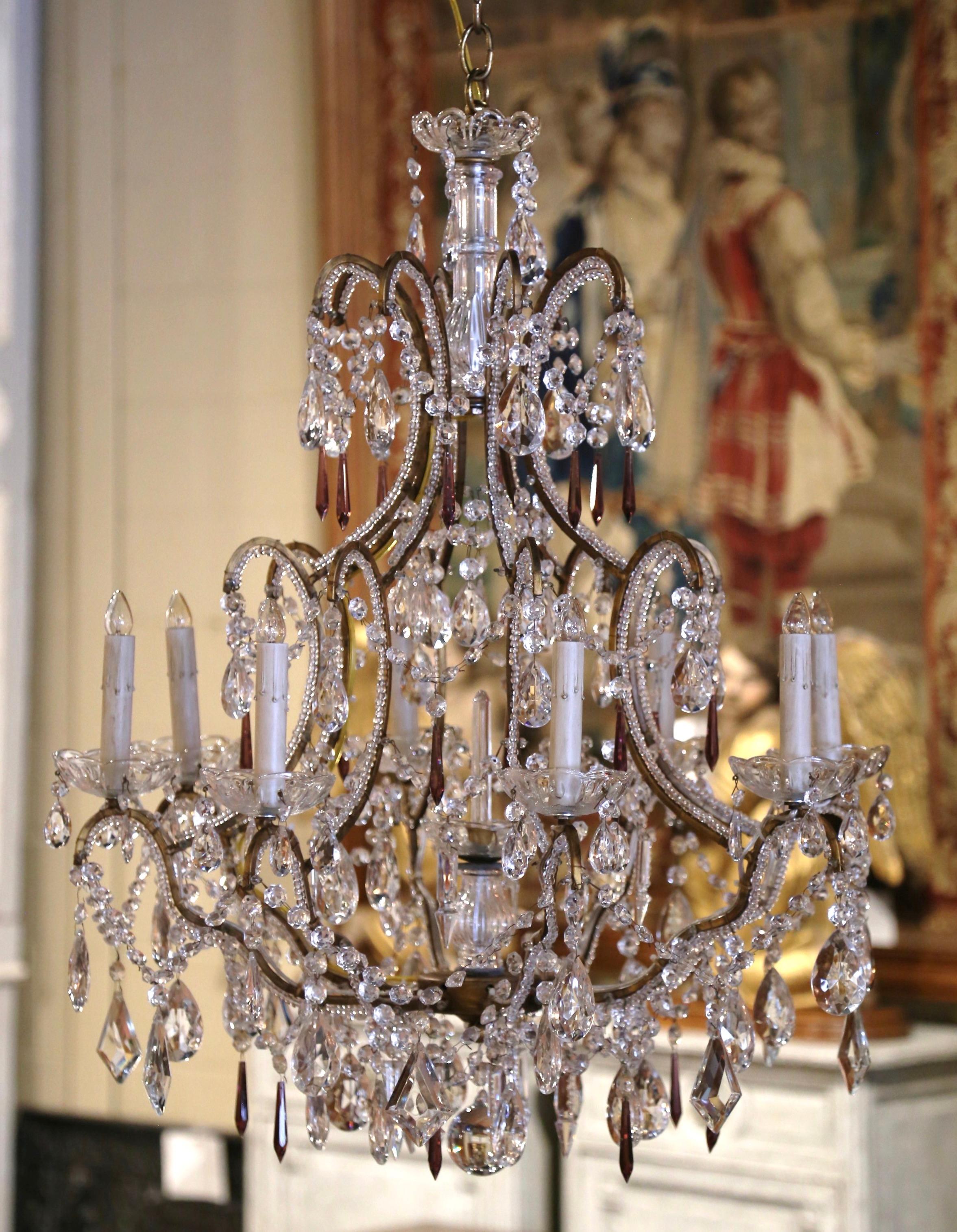 19th Century Italian Crystal and Brass Eight-Light Chandelier with Pendants 3