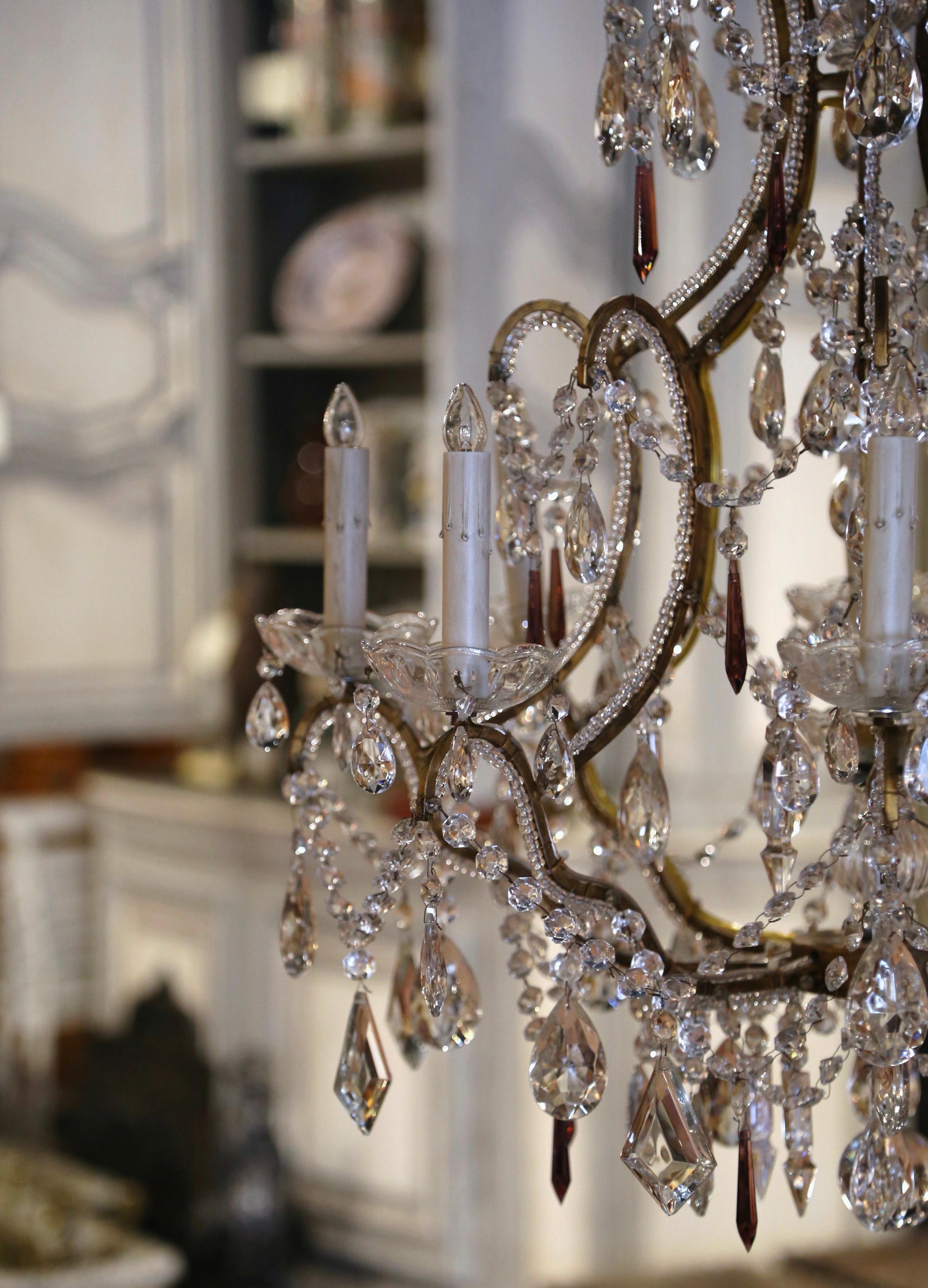 19th Century Italian Crystal and Brass Eight-Light Chandelier with Pendants 4