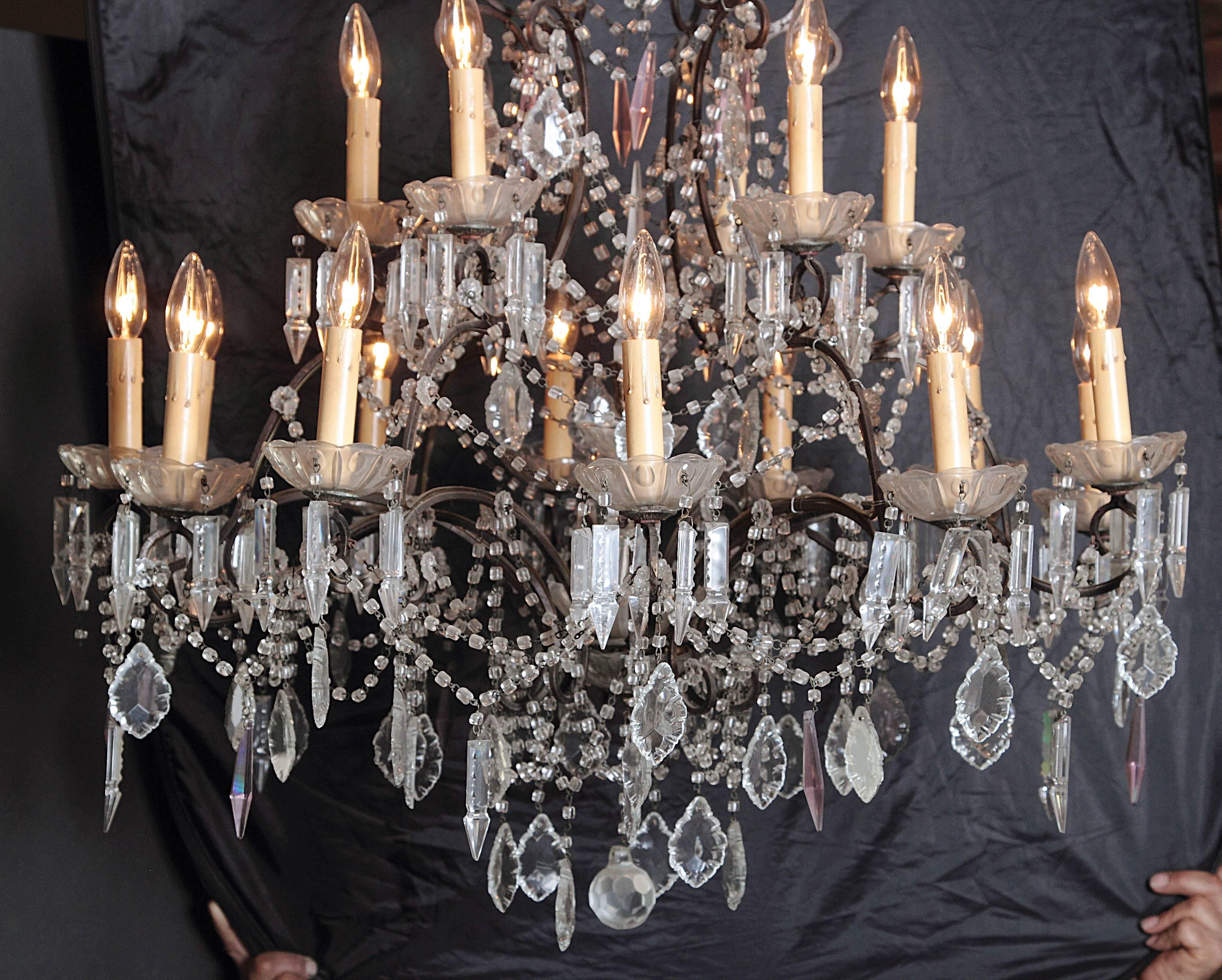 Hand-Carved 19th Century Italian Crystal and Iron Eighteen-Light Chandelier