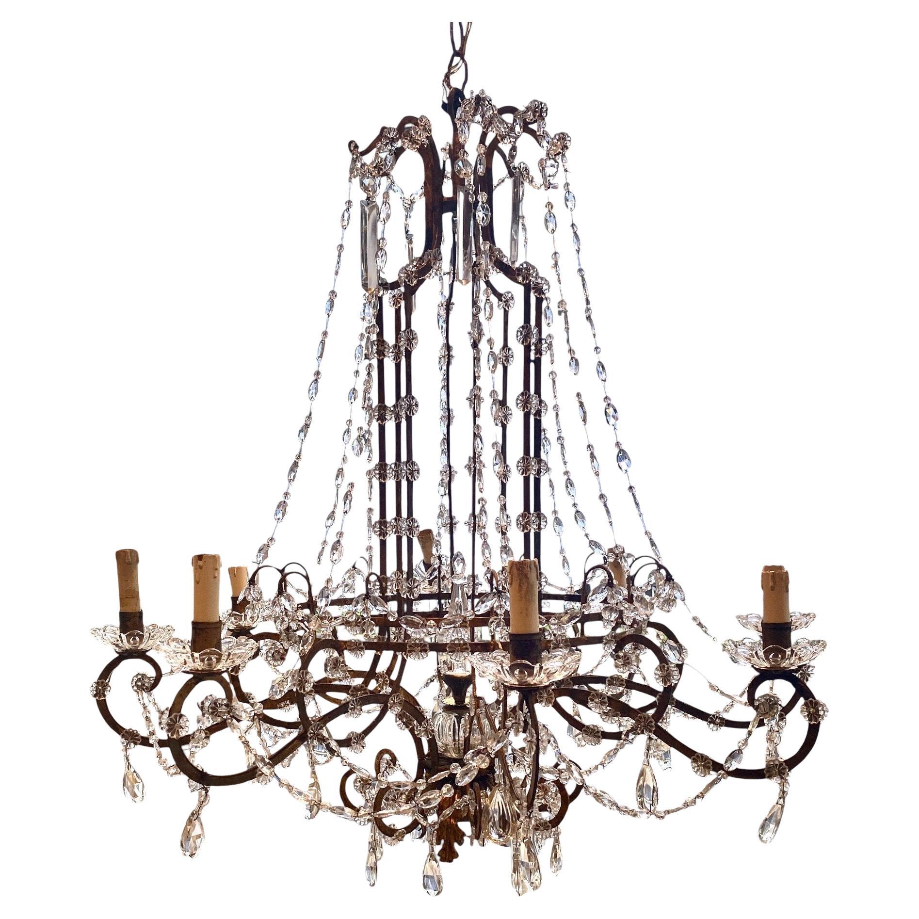 Lampadario italiano antico in cristallo e ferro del XIX secolo