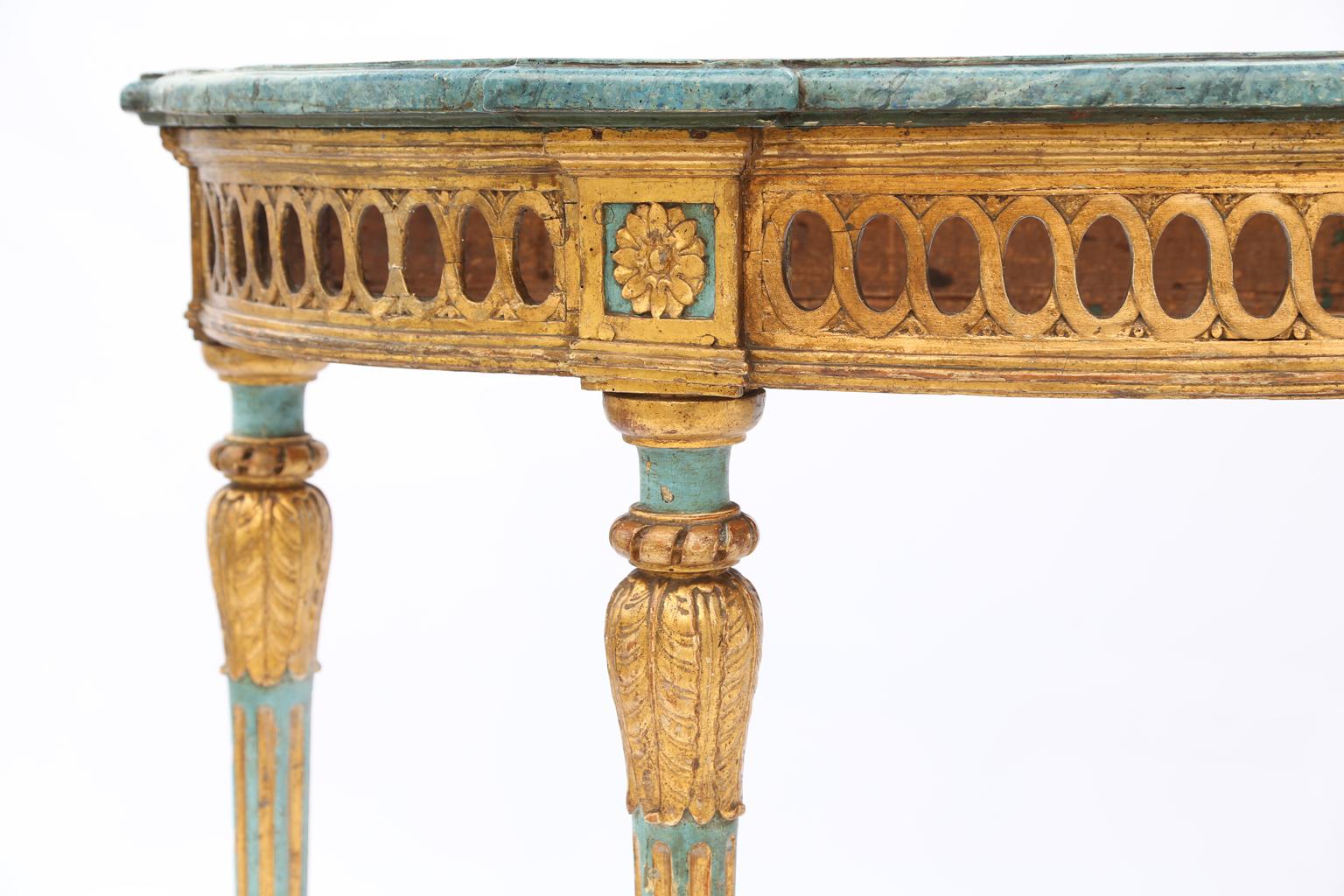 Louis XVI 18th Century Italian Demilune Console with Marbleize Top in Robin's Egg Blue For Sale
