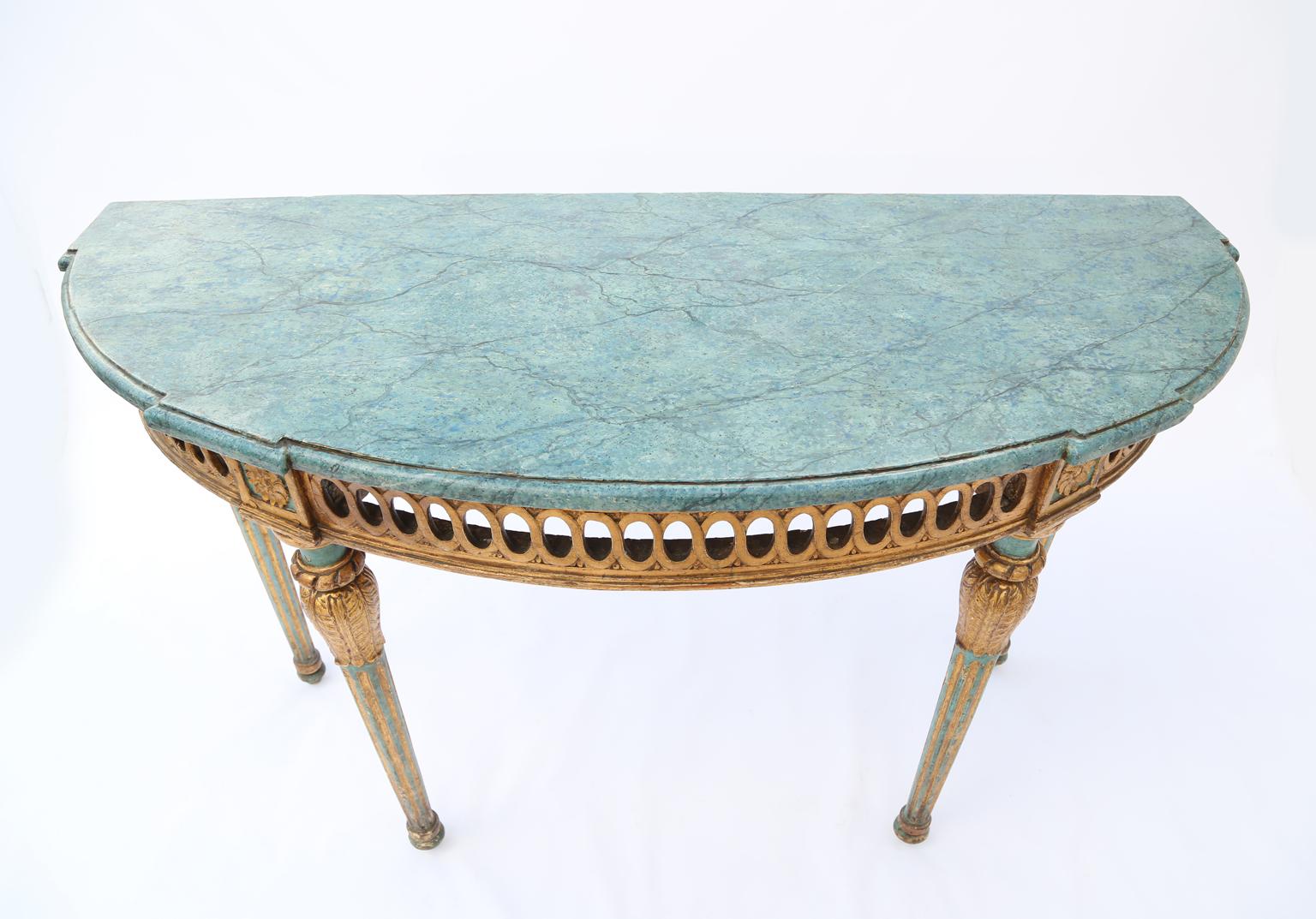 Hand-Carved 18th Century Italian Demilune Console with Marbleize Top in Robin's Egg Blue For Sale