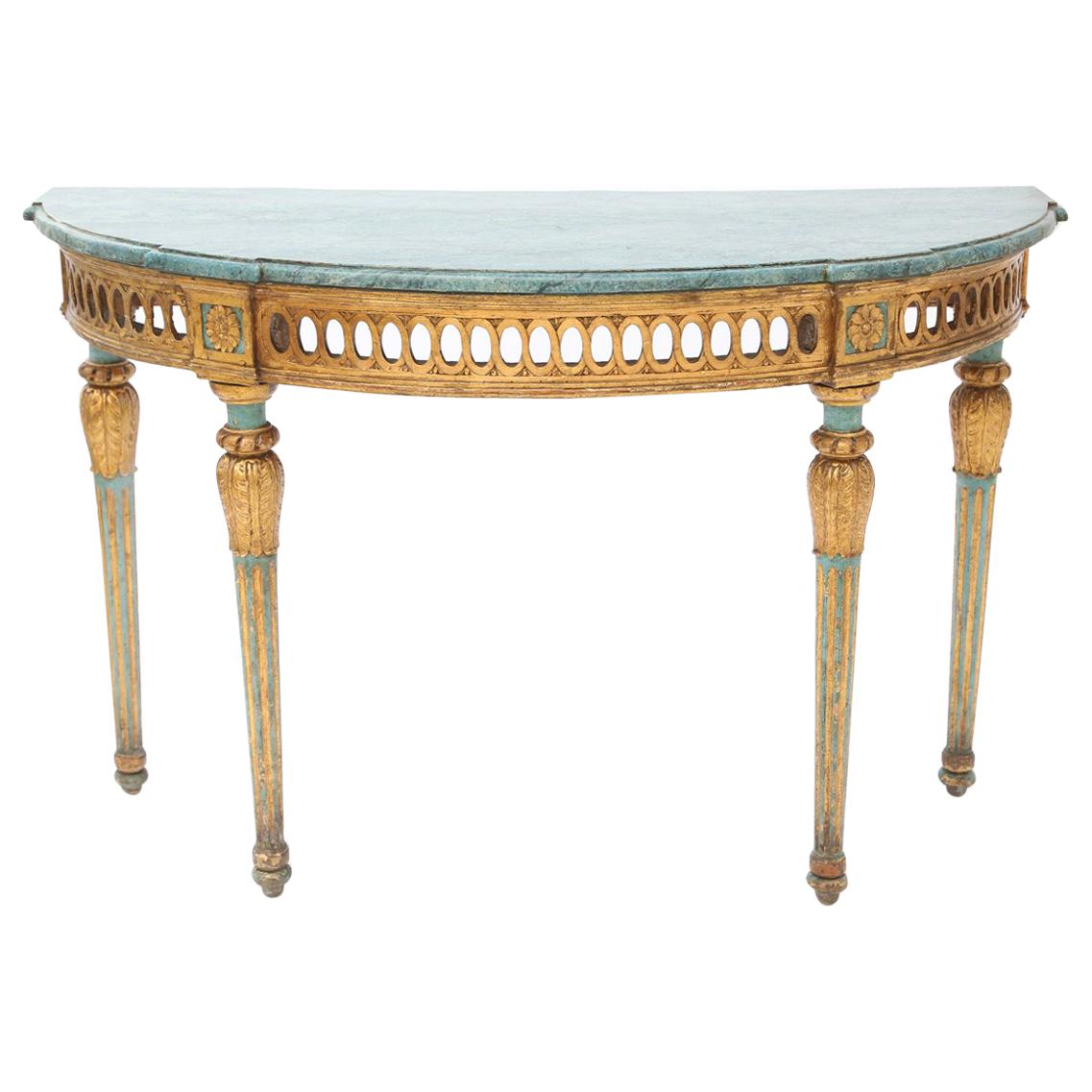 18th Century Italian Demilune Console with Marbleize Top in Robin's Egg Blue For Sale