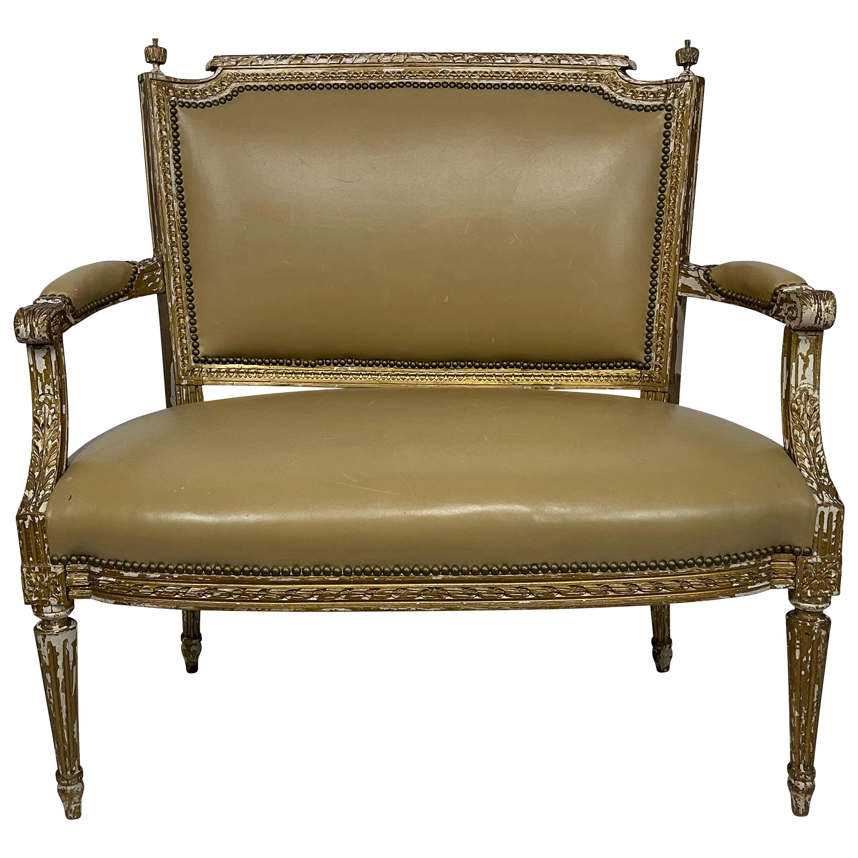 Perfectly Patinated Leather Settee with Brass Nailhead Trim at 1stDibs