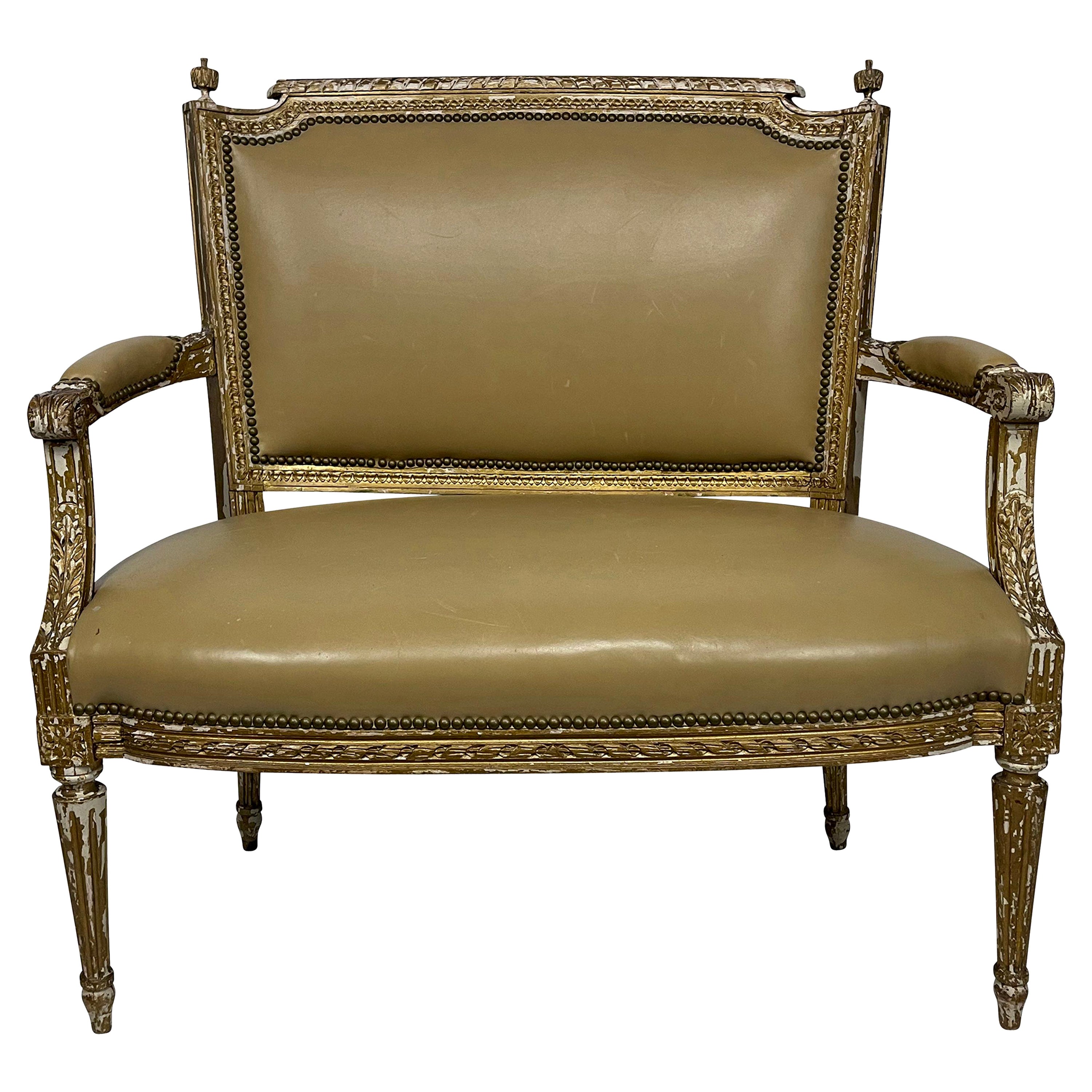 Petite banquette italienne du 19ème siècle peinte en cuir brun clair en vente