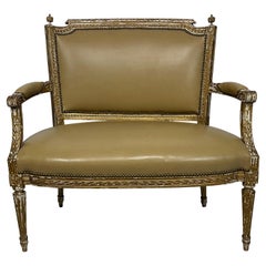 Petite banquette italienne du 19ème siècle peinte en cuir brun clair