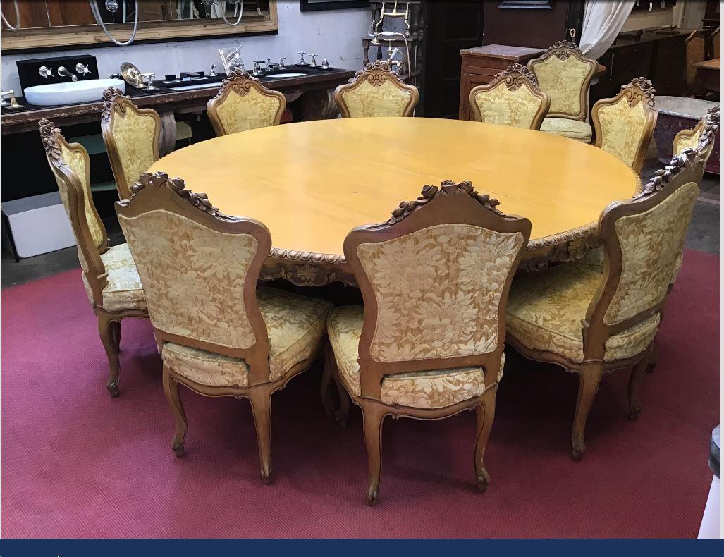 19th century Italian dining room set from 1890s.
The set consists of 1 round table and 14 upholstered chairs
This set could be sold separately. Quotation on demand.
Measurements:
- Table: Diameter cm 204, height cm 75
- Chairs: Width cm 52,