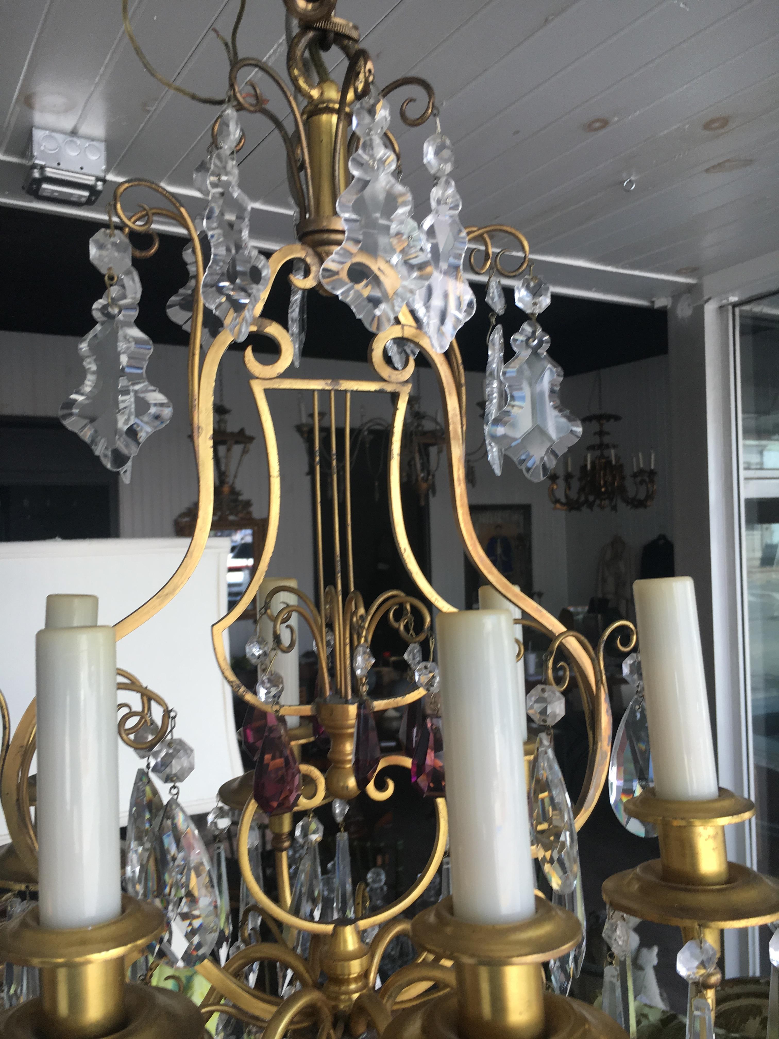 Baroque 19th Century Italian Dore' Bronze and Crystal Chandelier with Amethyst Accents For Sale