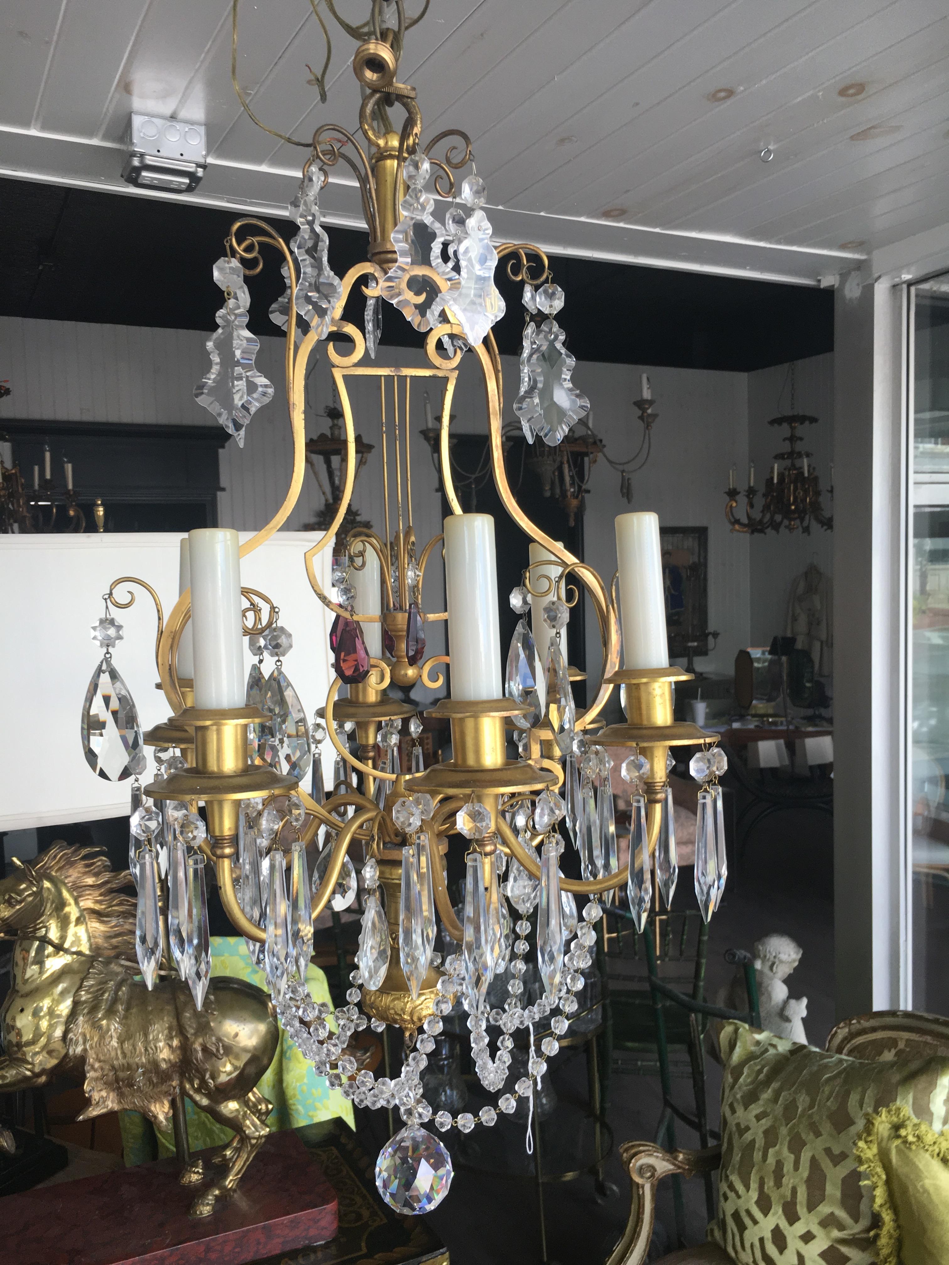 19th Century Italian Dore' Bronze and Crystal Chandelier with Amethyst Accents In Excellent Condition For Sale In Buchanan, MI
