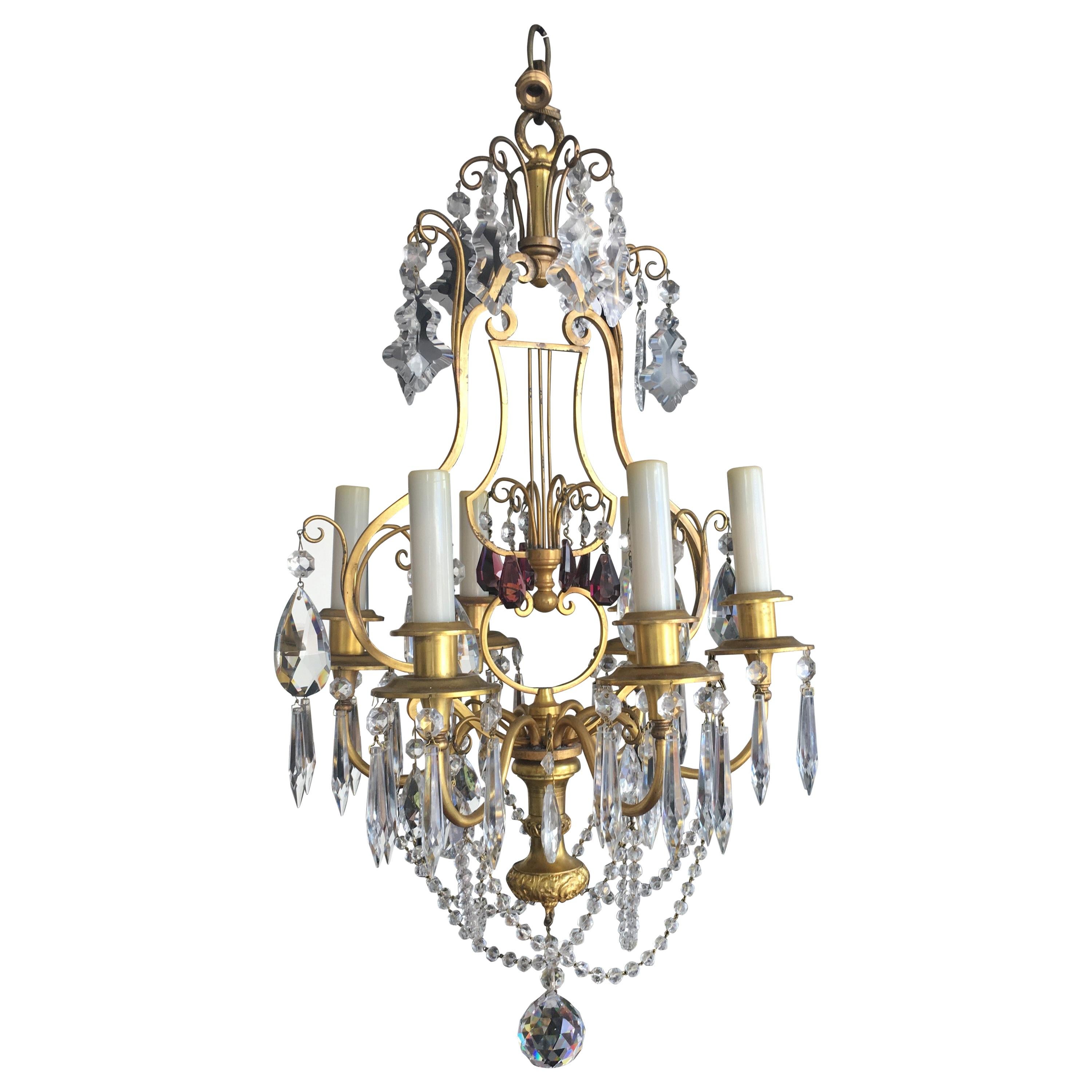 Lustre italien du 19ème siècle en bronze et cristal doré avec accents d'améthyste