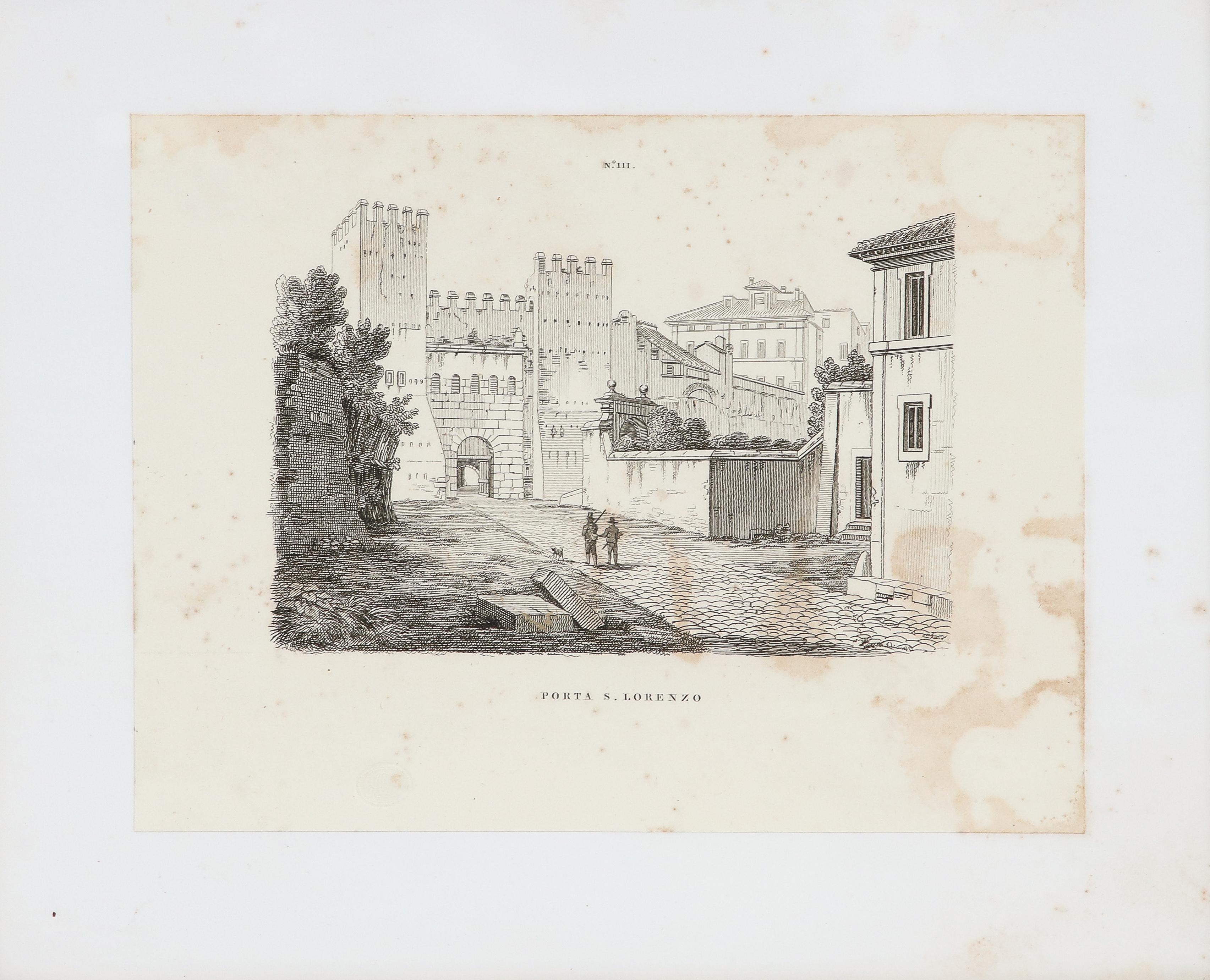 19th Century Italian drawing of Porta San Lorenzo in Rome, in the original hand painted lacquered green and gilt wood frame. 