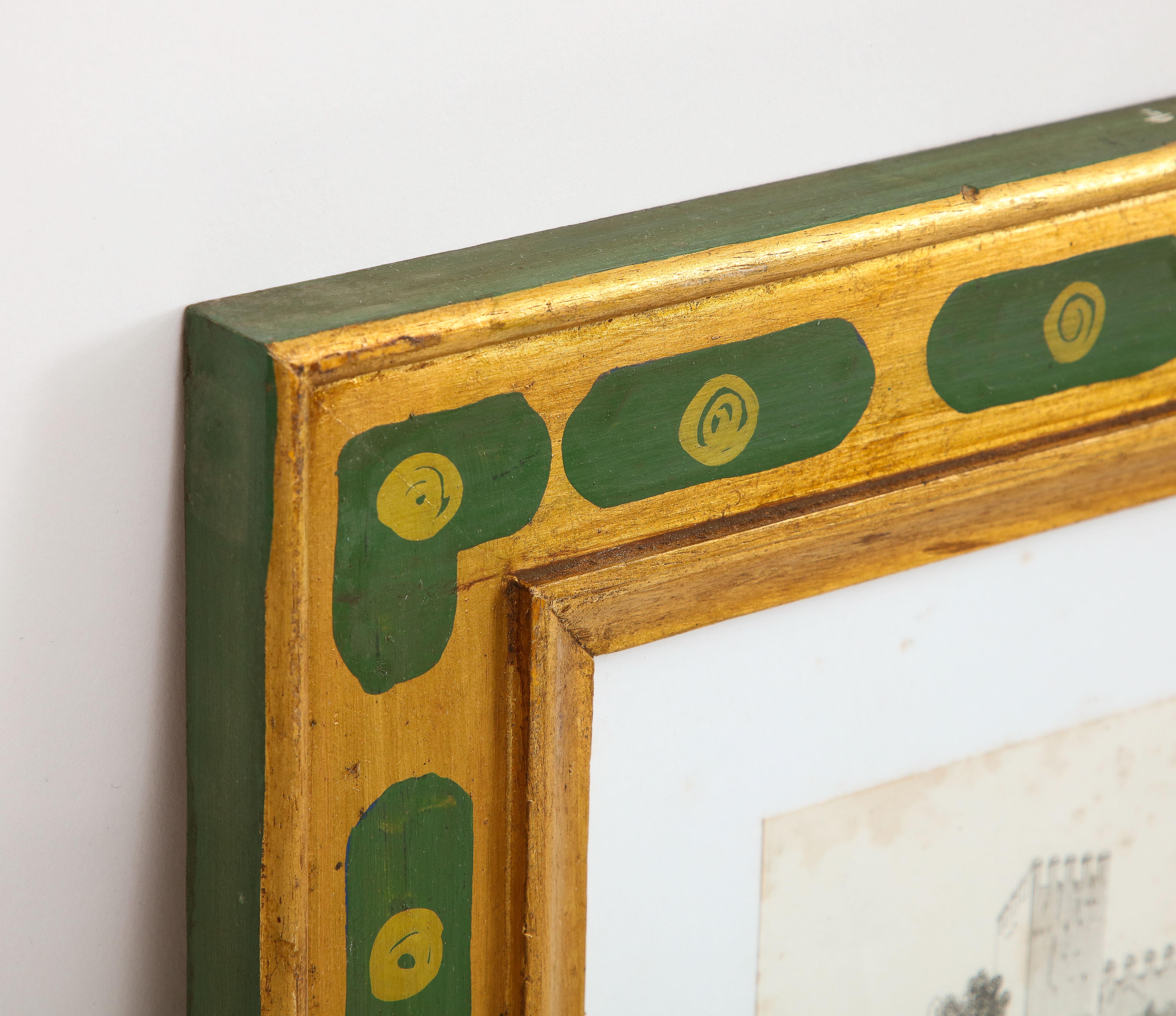 Wood 19th Century Italian Drawing in Original Hand Painted Green and Gilt Frame For Sale