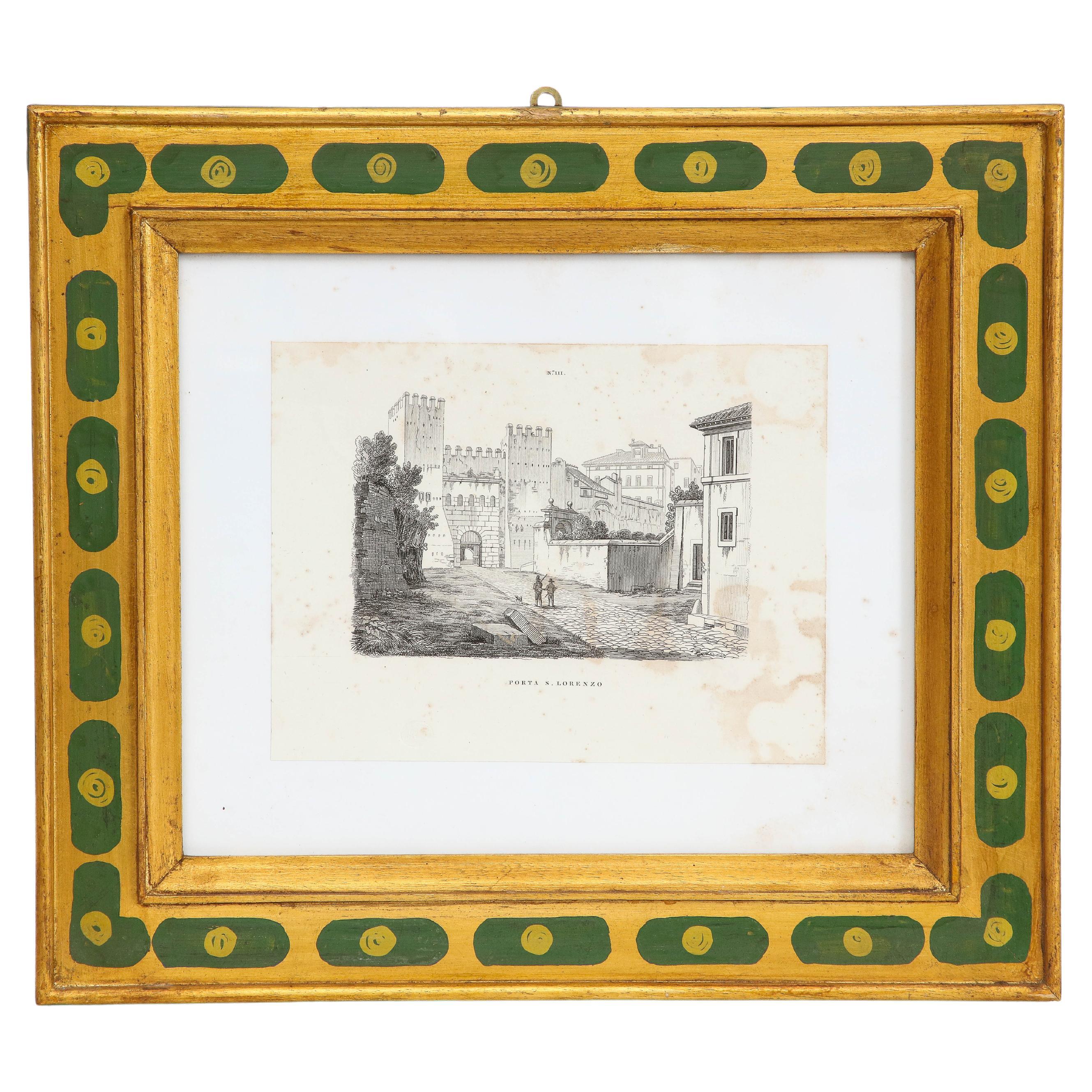 19th Century Italian Drawing in Original Hand Painted Green and Gilt Frame For Sale