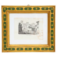 Antique 19th Century Italian Drawing in Original Hand Painted Green and Gilt Frame