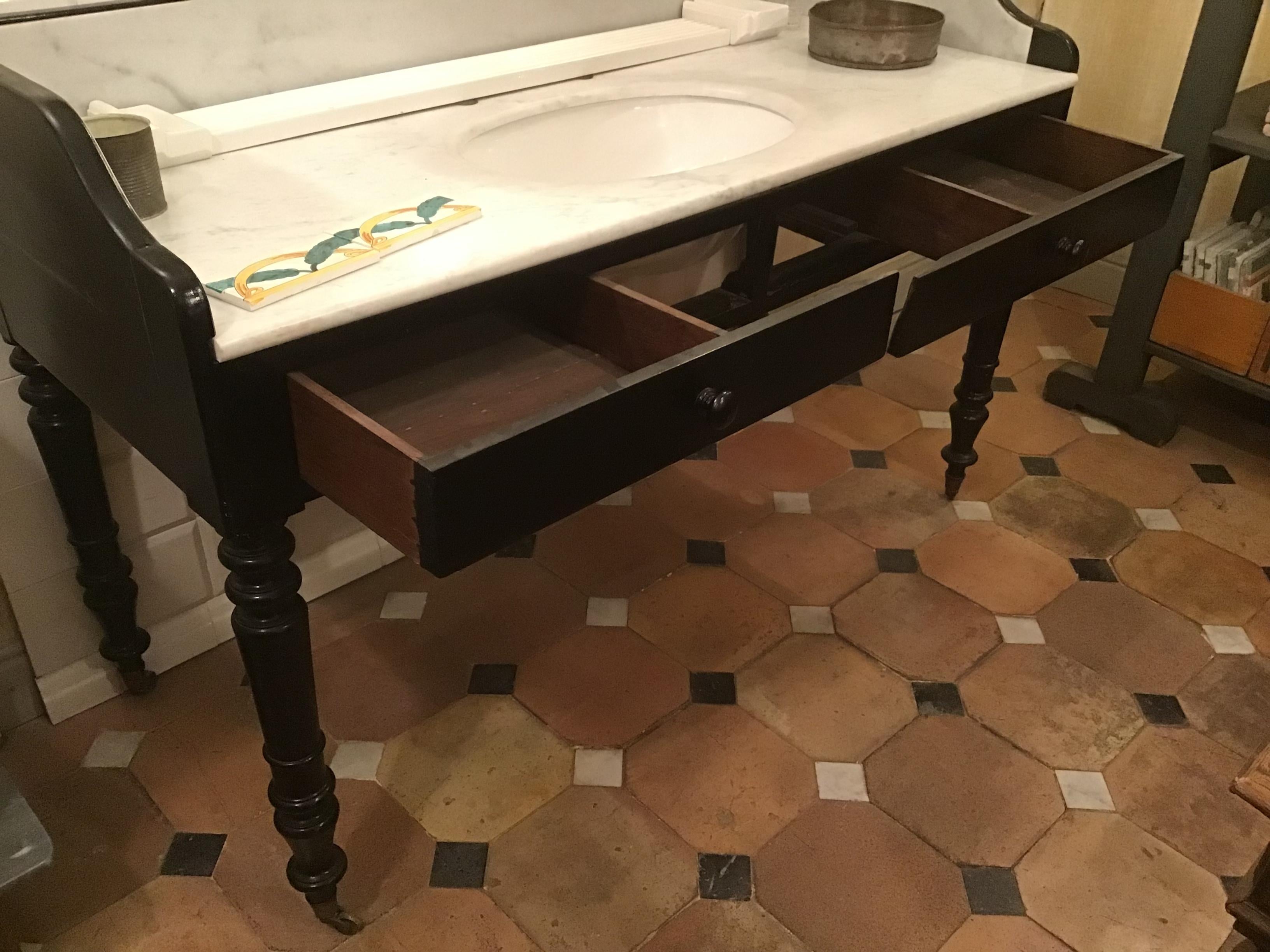 Victorian 19th Century Italian Ebonized Wood Cupboard Sink with Marble Top, 1890s For Sale
