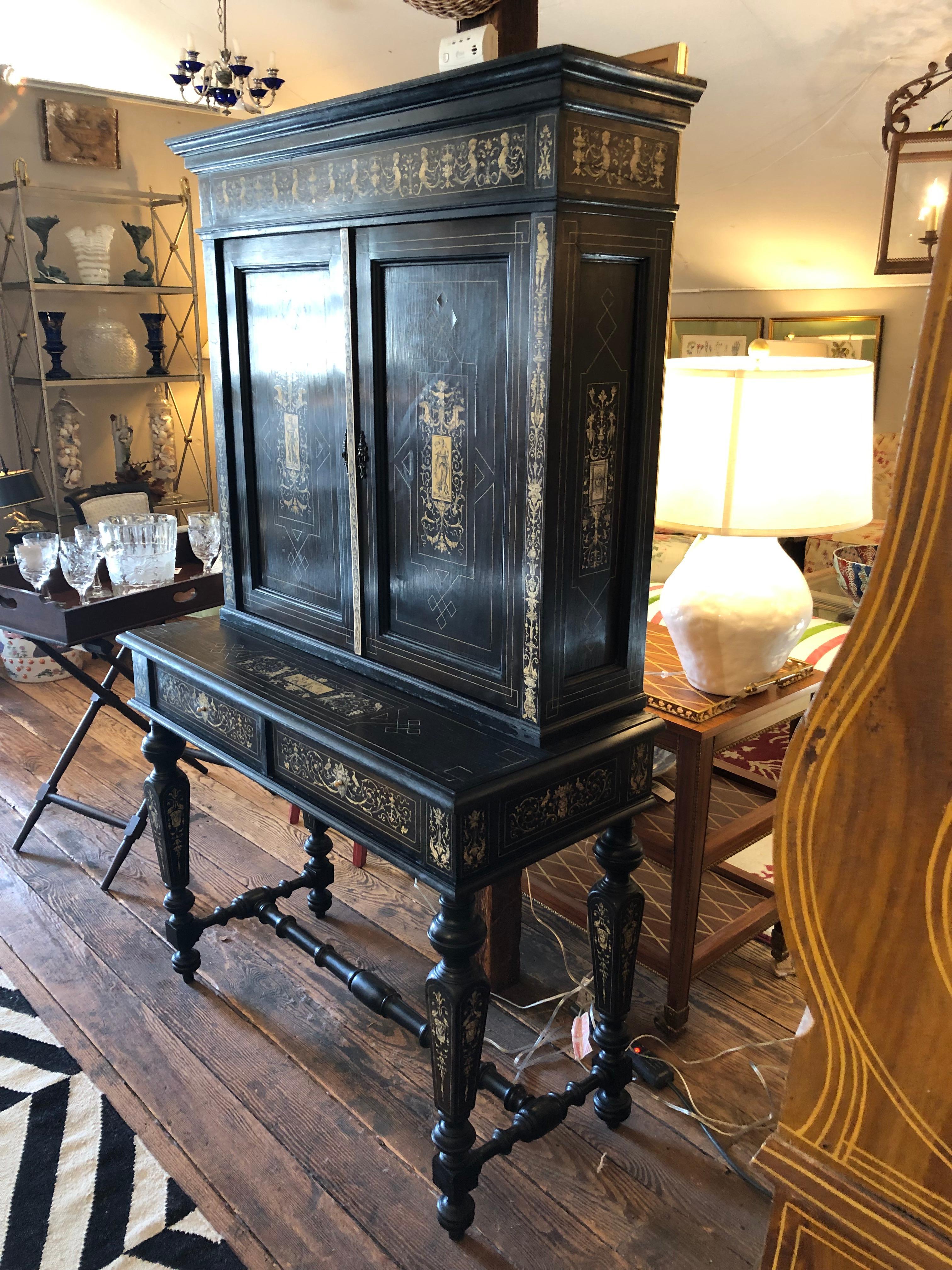 19th Century Italian Ebonized Wood and Inlay Marquetry Sideboard For Sale 1