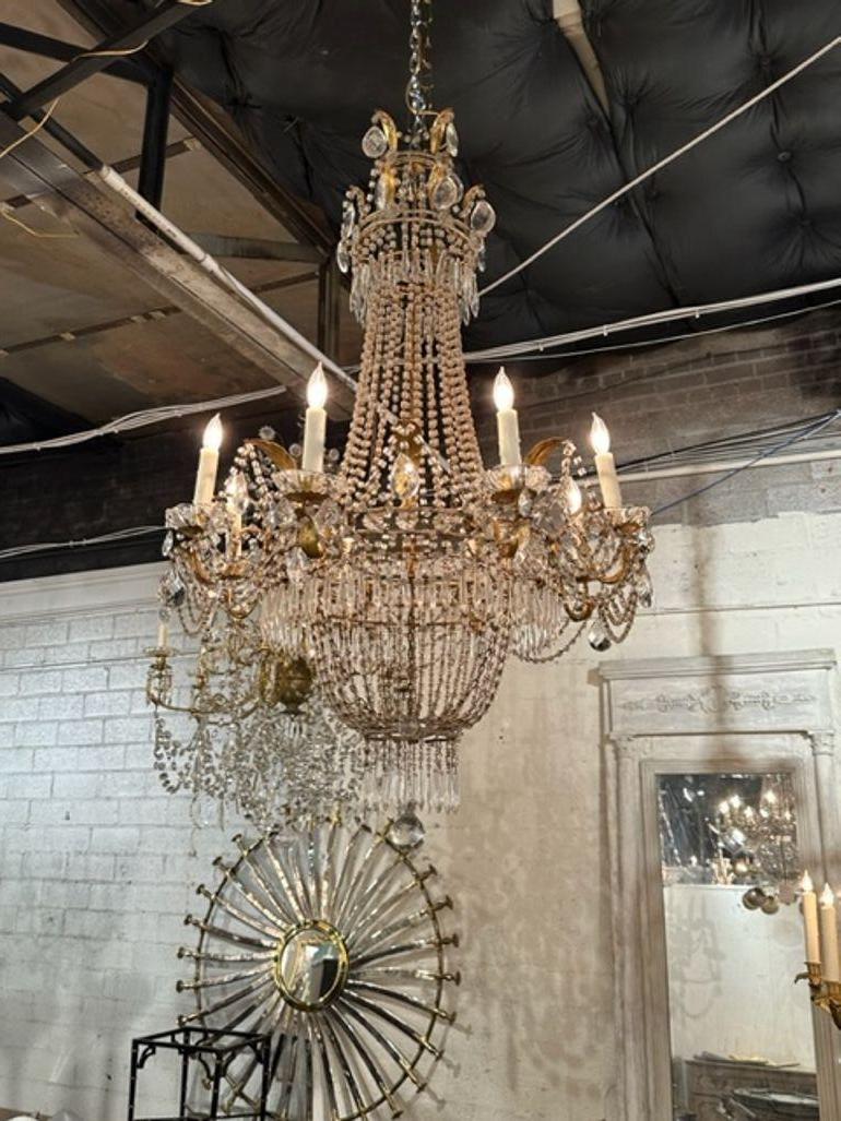 Very fine 19th century Italian Empire style crystal and gilt tole basket form chandelier. A traditional glistening beauty. Outstanding!
