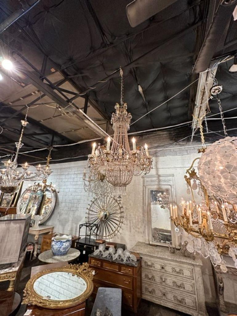Lustre Empire italien du 19e siècle en cristal perlé et tôle dorée Bon état - En vente à Dallas, TX