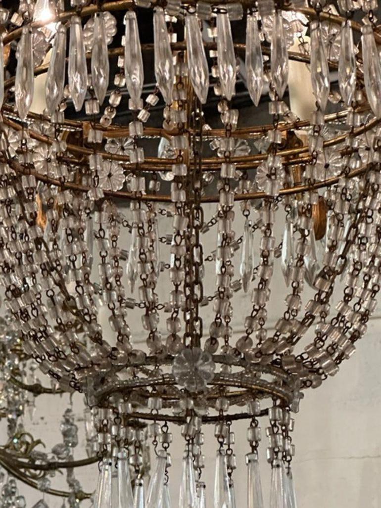 19th Century Italian Empire Beaded Crystal and Gilt Tole Chandelier For Sale 2