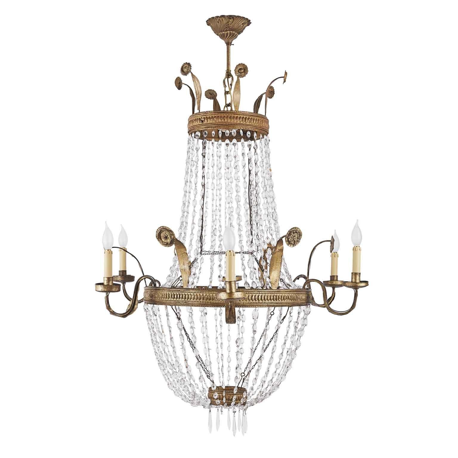 Embossed 19th Century Italian Empire Beaded Crystal Chandelier Six Light For Sale