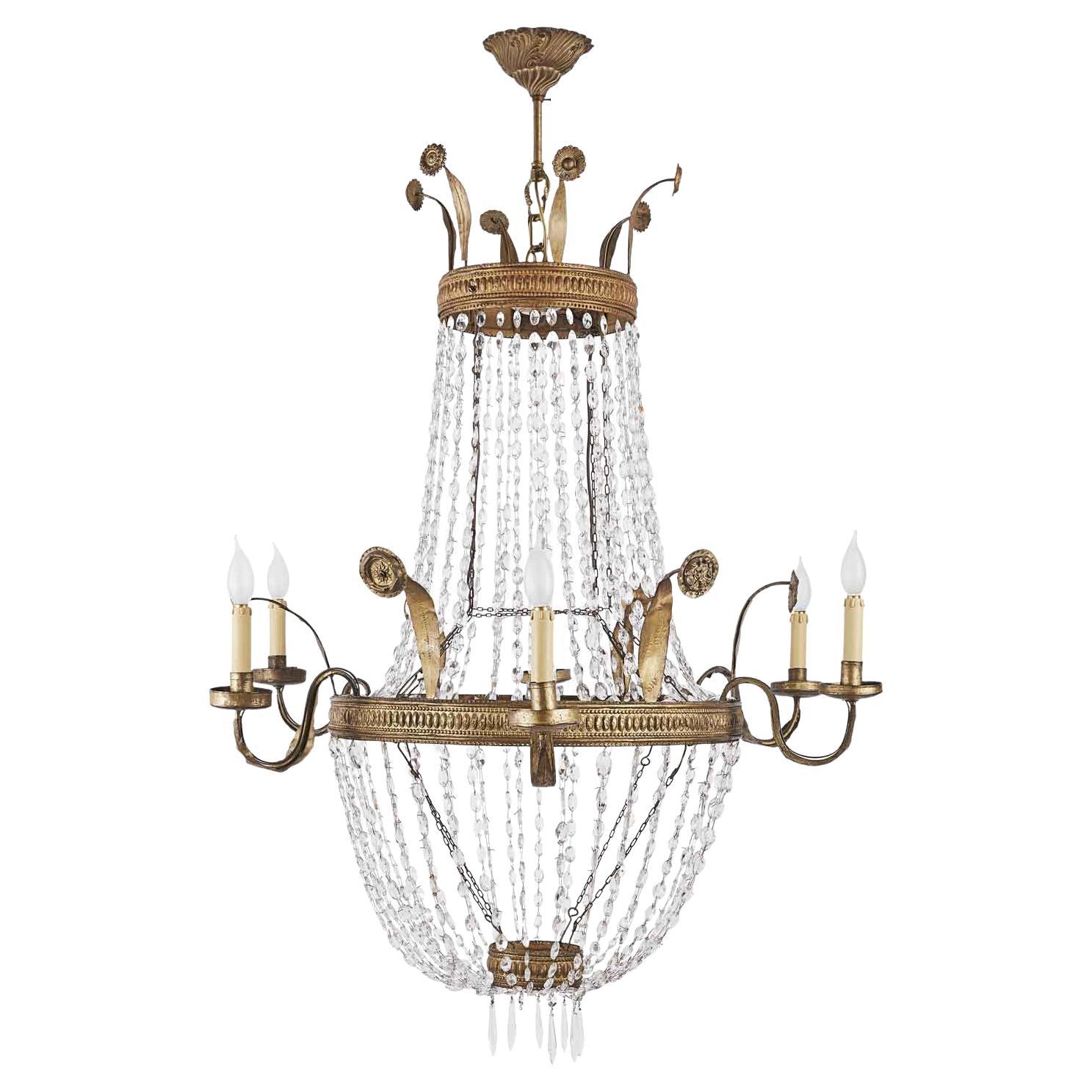 19th Century Italian Empire Beaded Crystal Chandelier Six Light For Sale