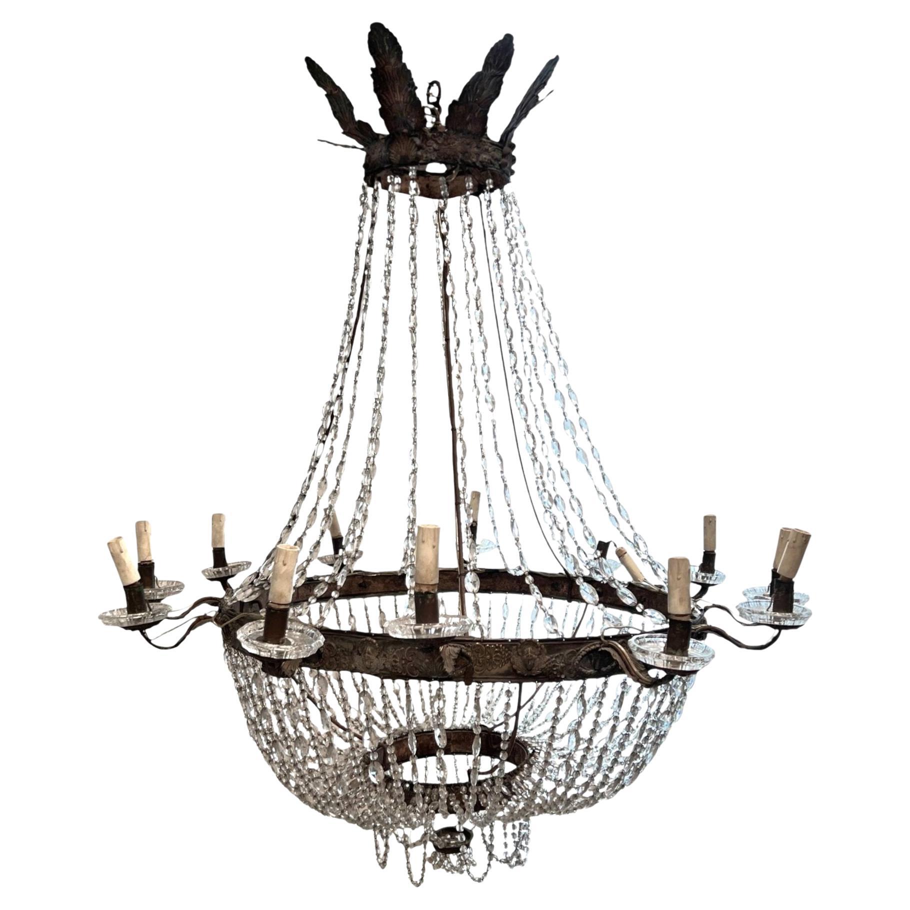 19th Century Italian Empire Crystal Antique Chandelier from Bologna For Sale