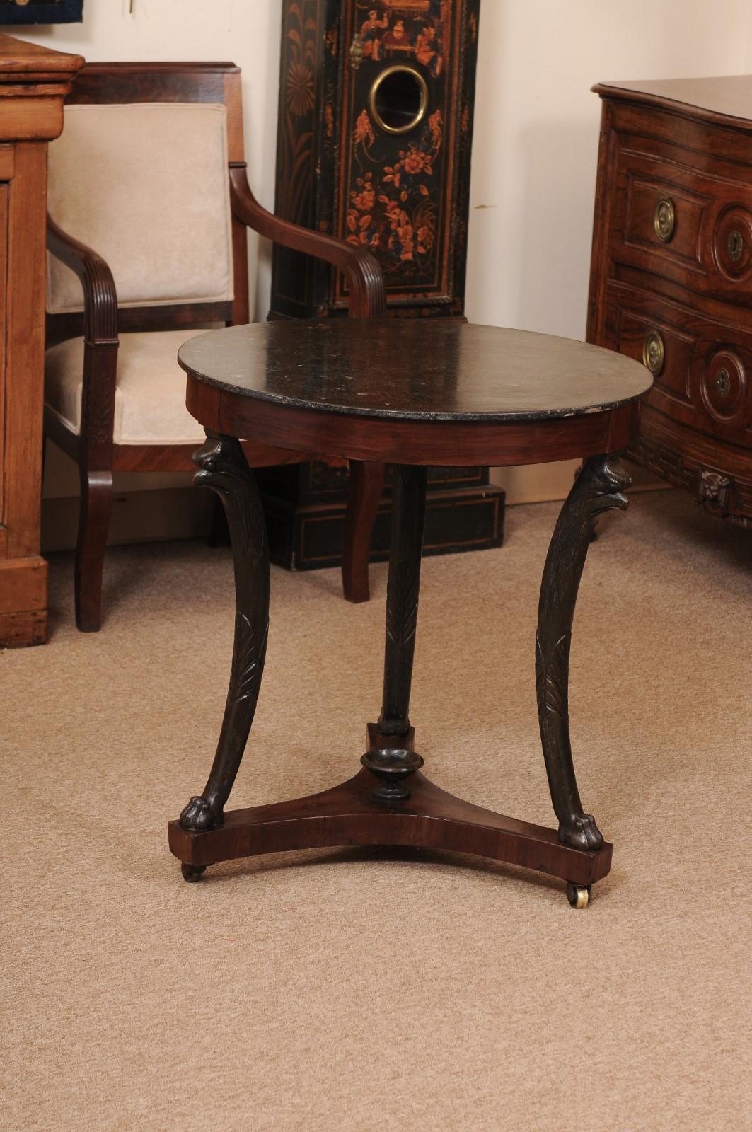 19th Century Italian Empire Ebonized Gueridon with Black Marble Top & Bird Detail on Leg
