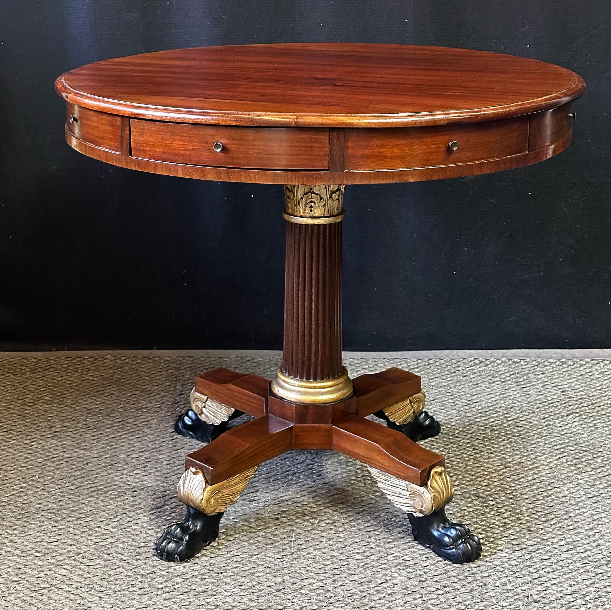 19th Century excellent quality Italian Empire rent or games table of mahogany having a beautifully grained top with beveled edge. The table’s frieze holds four working drawers separated by four faux drawers, all having brass knobs. Supporting the