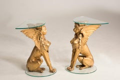 19th Century Italian Empire Period Giltwood Sphinxes Console Demilune Tables