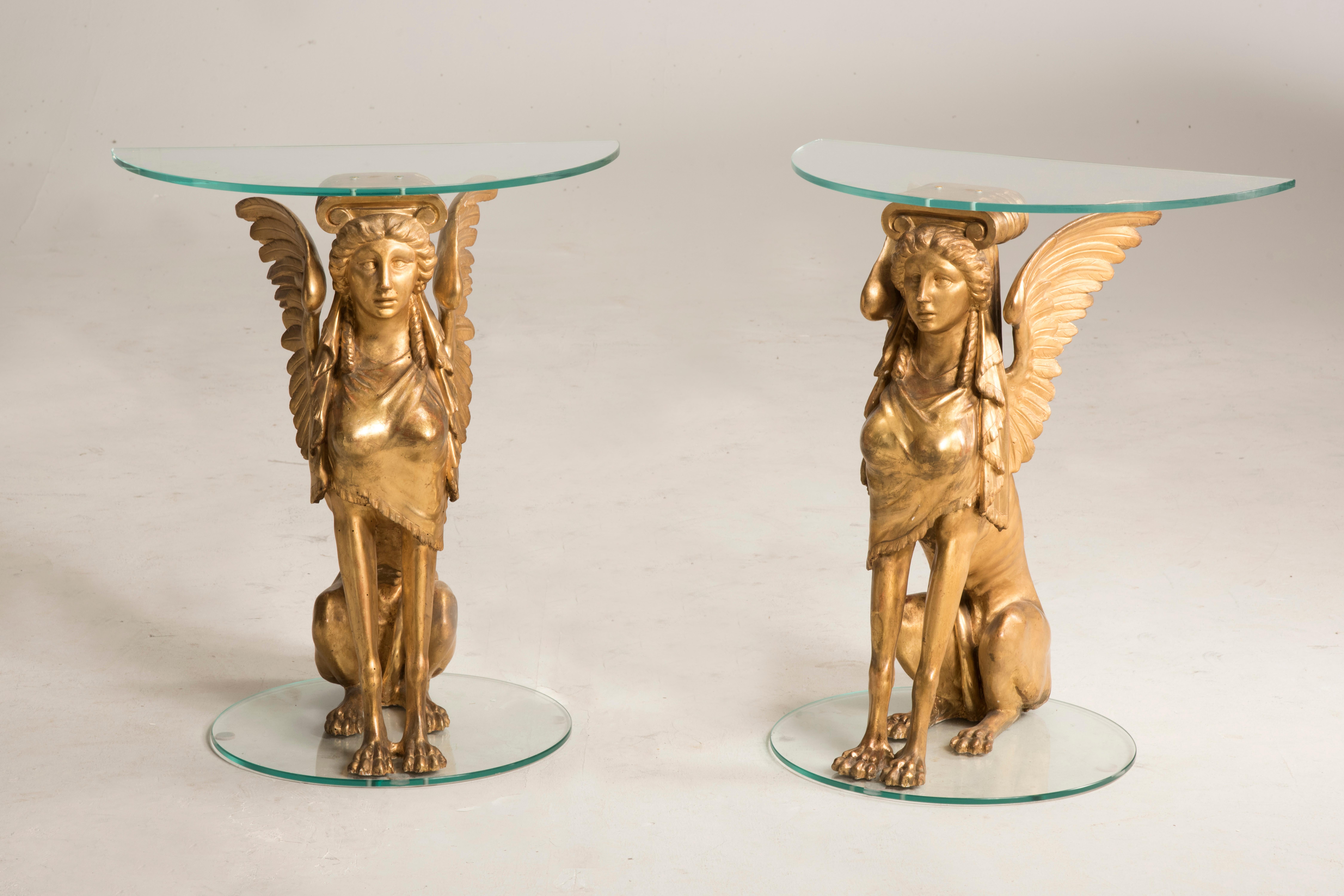 19th Century Italian Empire Period Giltwood Sphinxes Console Demilune Tables 3