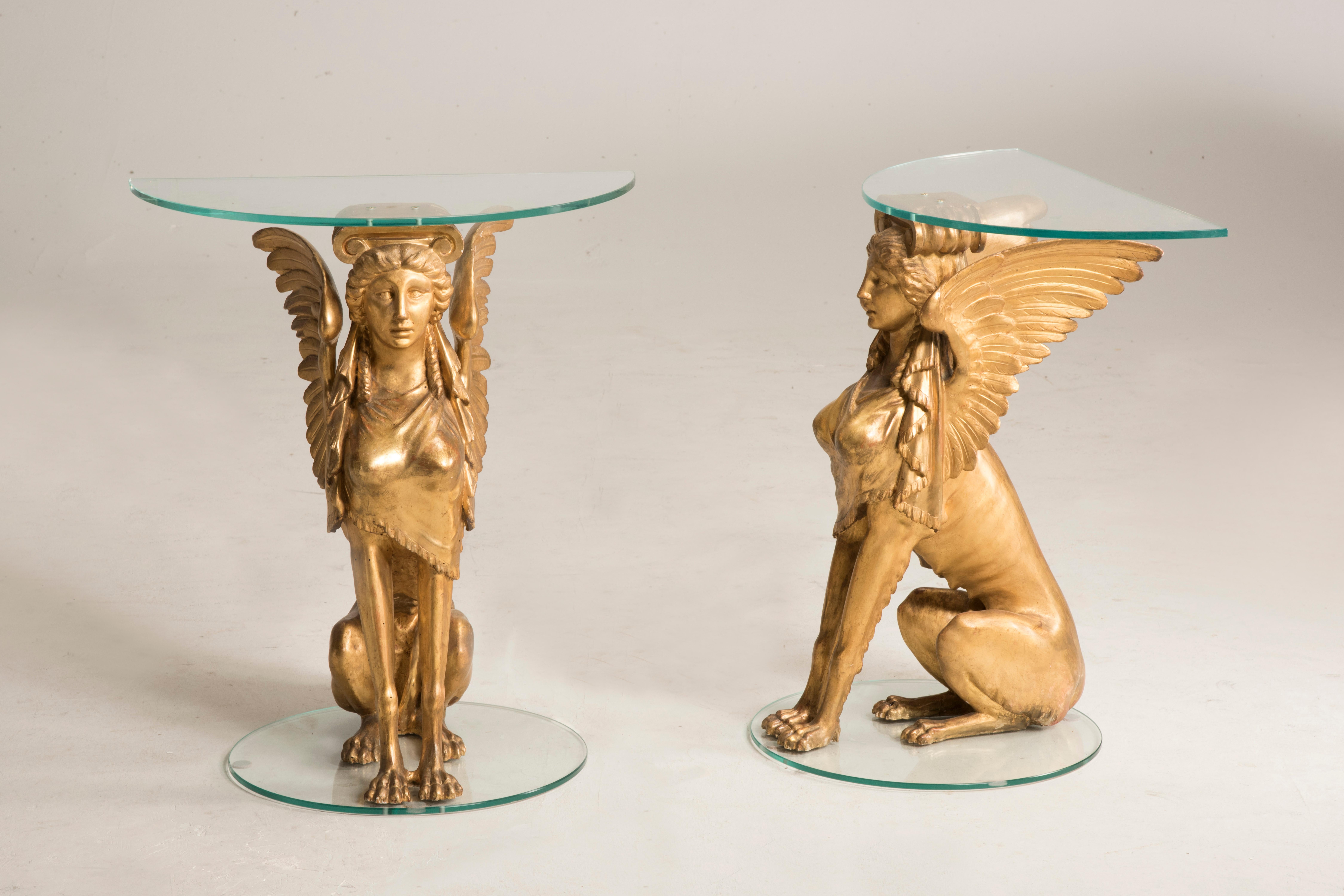19th Century Italian Empire Period Giltwood Sphinxes Console Demilune Tables 4